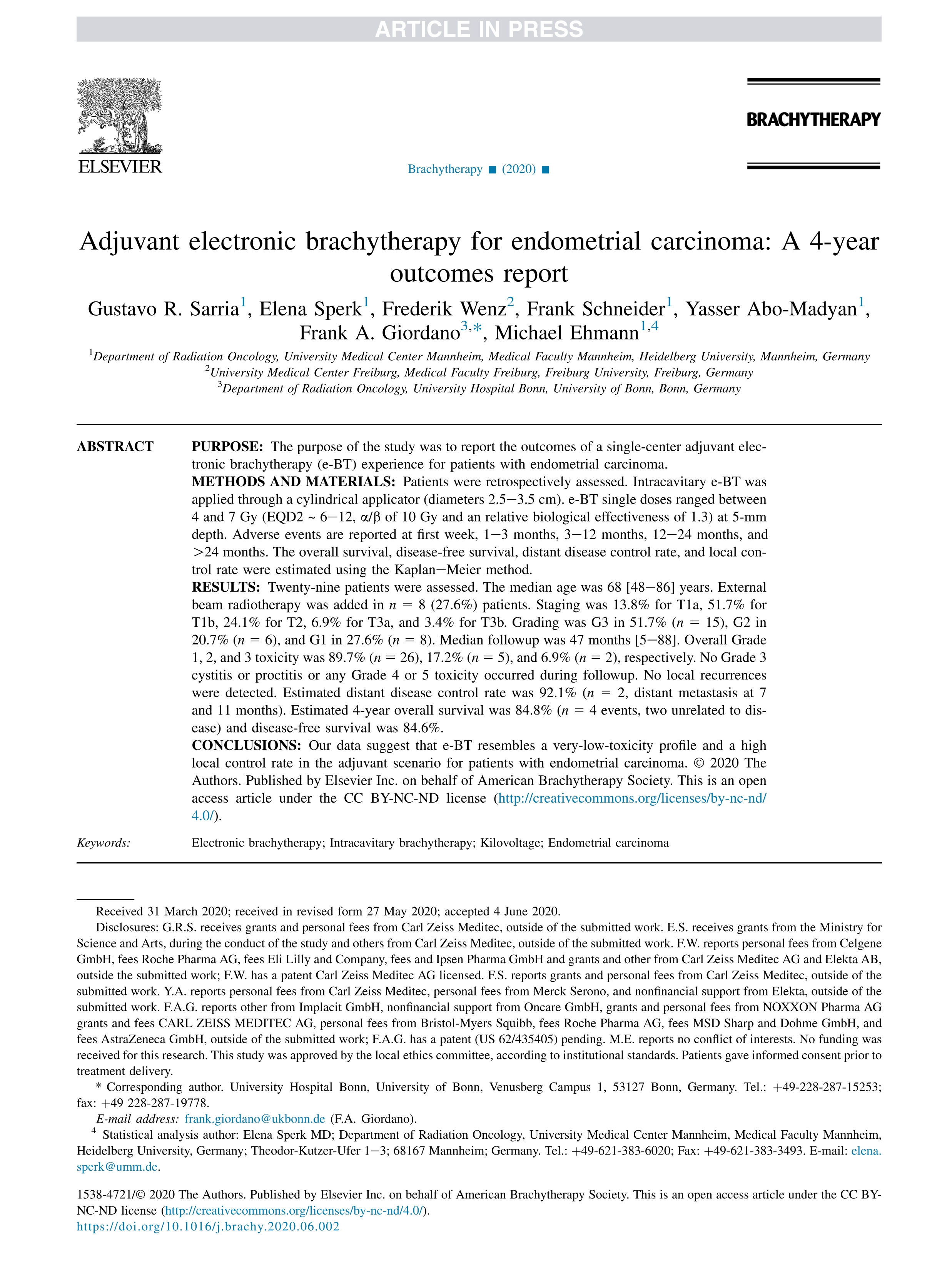 Adjuvant Electronic Brachytherapy For Patients With Endometrial Cancer