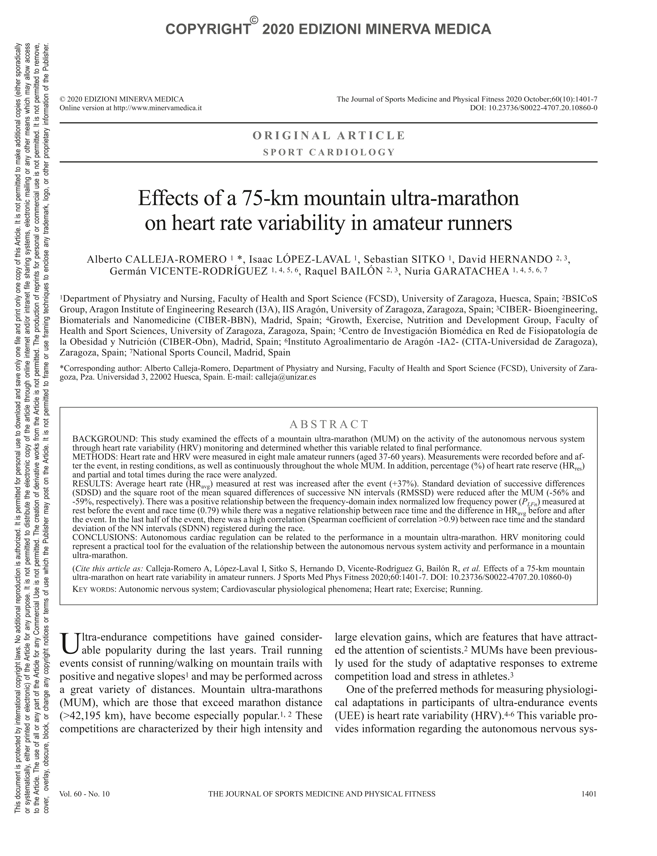 Effects of a 75-km mountain ultra-marathon on heart rate variability in amateur runners