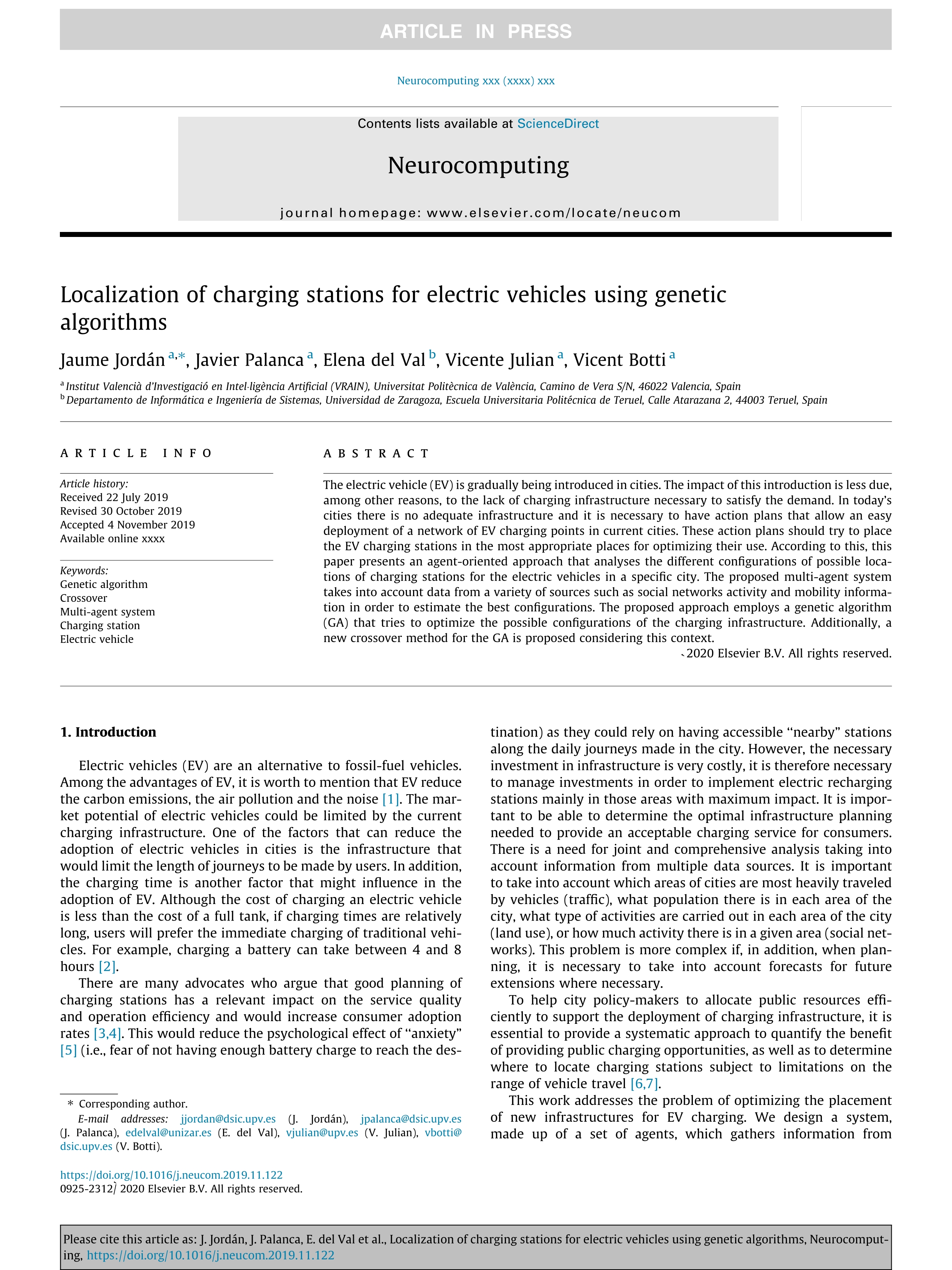 Localization of charging stations for electric vehicles using genetic algorithms