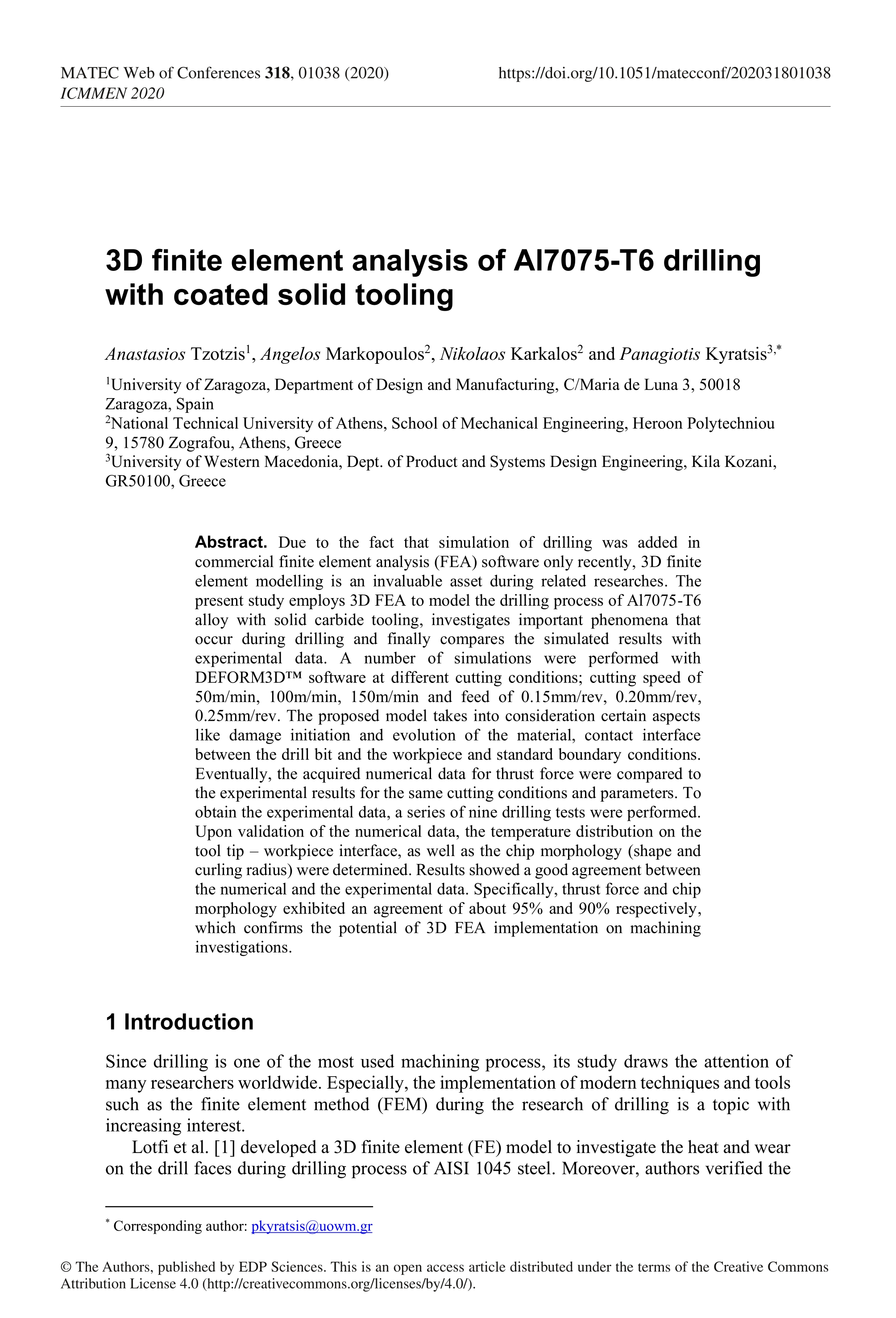 3D finite element analysis of Al7075-T6 drilling with coated solid tooling