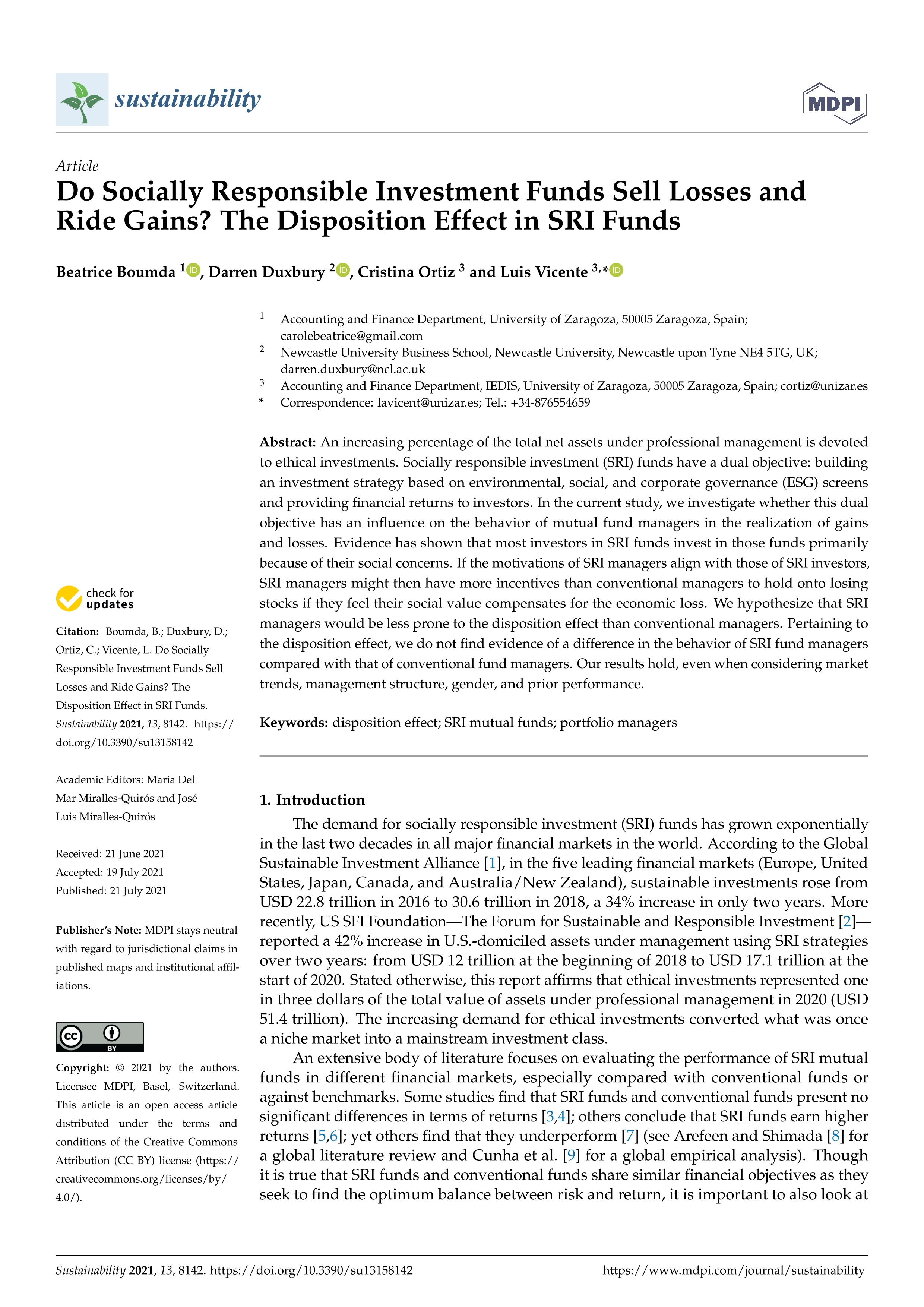 Do socially responsible investment funds sell losses and ride gains? The disposition effect in SRI funds