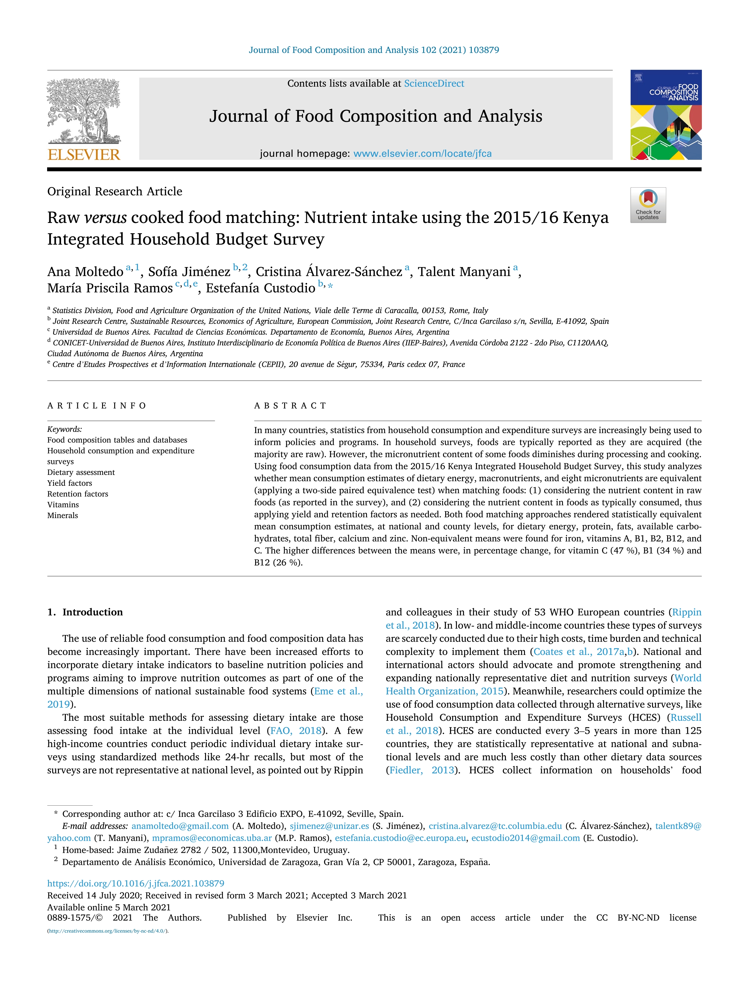 Raw versus cooked food matching: Nutrient intake using the 2015/16 Kenya Integrated Household Budget Survey