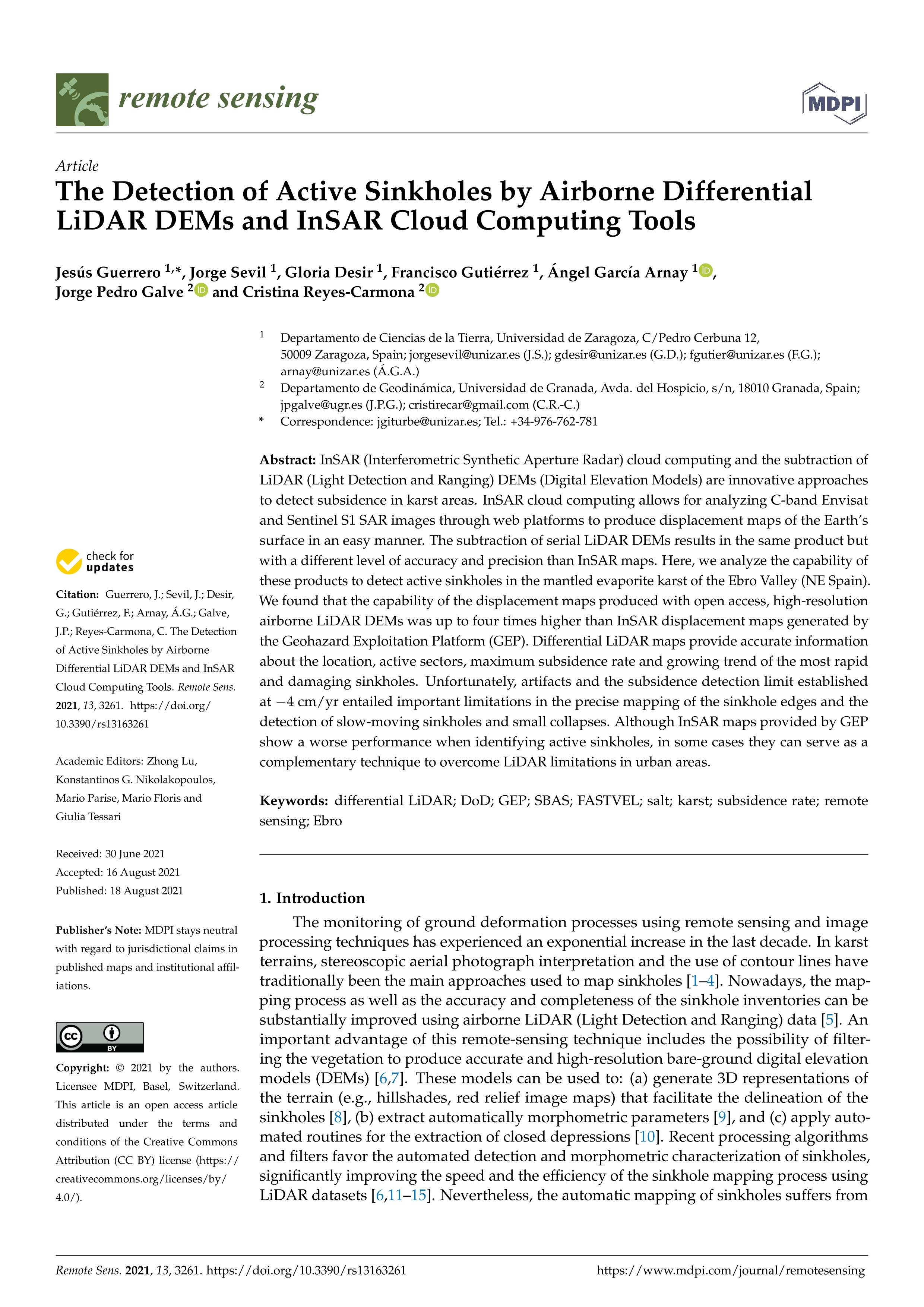 The Detection of Active Sinkholes by Airborne Differential LiDAR DEMs and InSAR Cloud Computing Tools