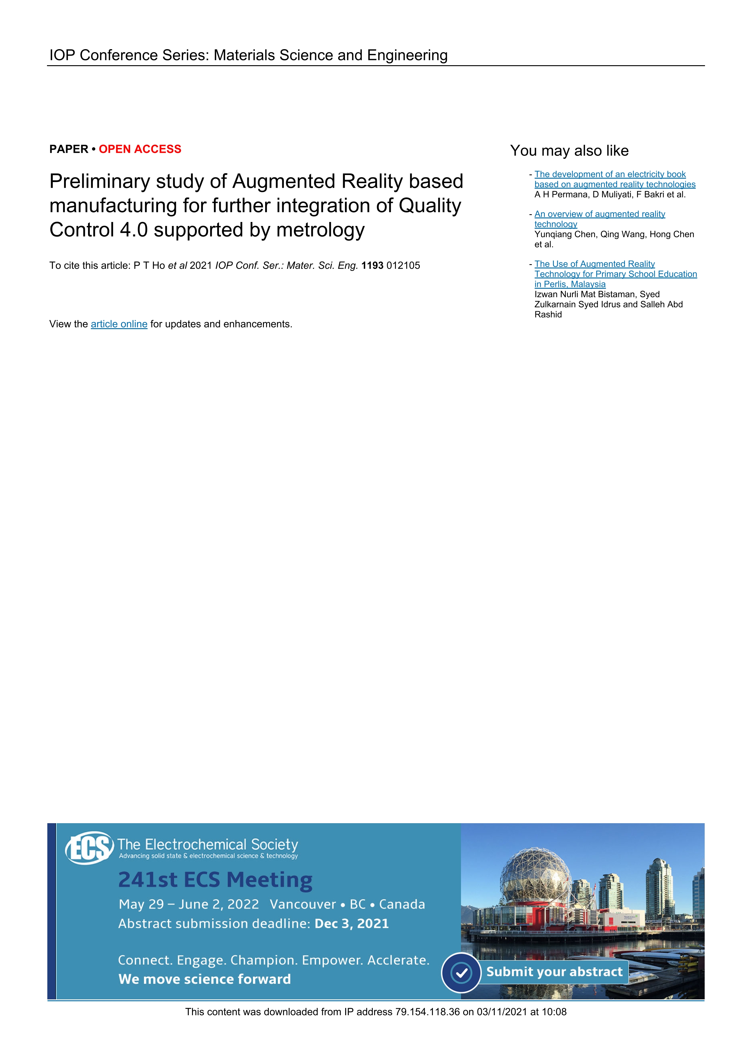 Preliminary study of Augmented Reality based manufacturing for further integration of Quality Control 4.0 supported by metrology