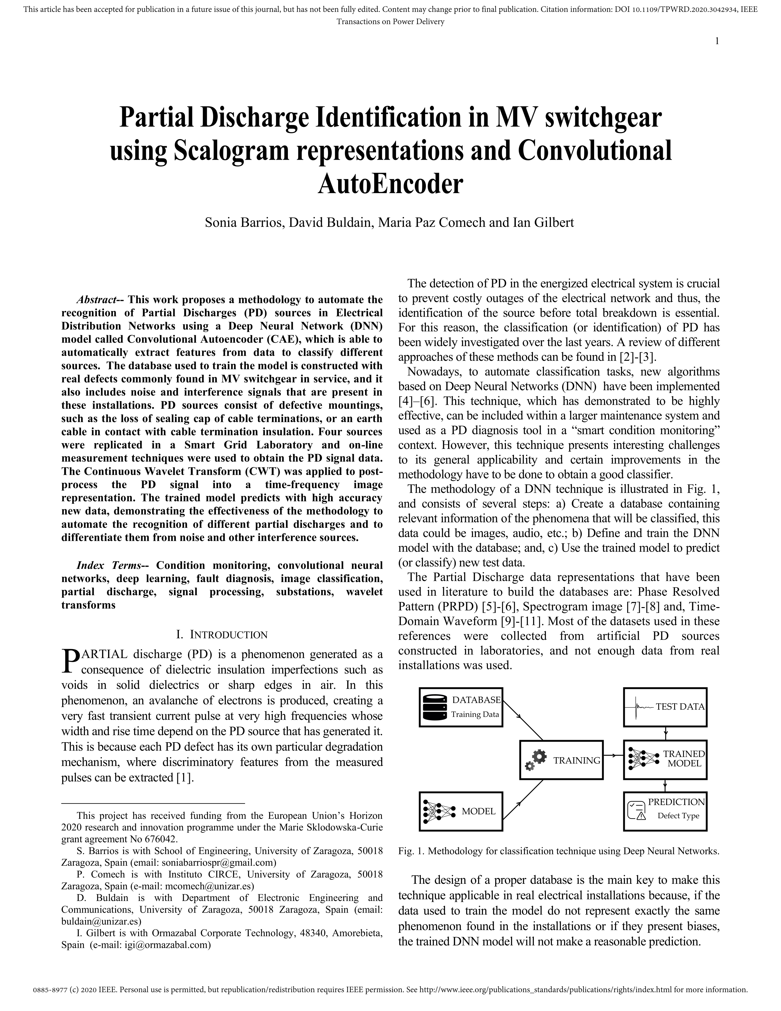 Partial Discharge Identification in MV switchgear using Scalogram representations and Convolutional AutoEncoder