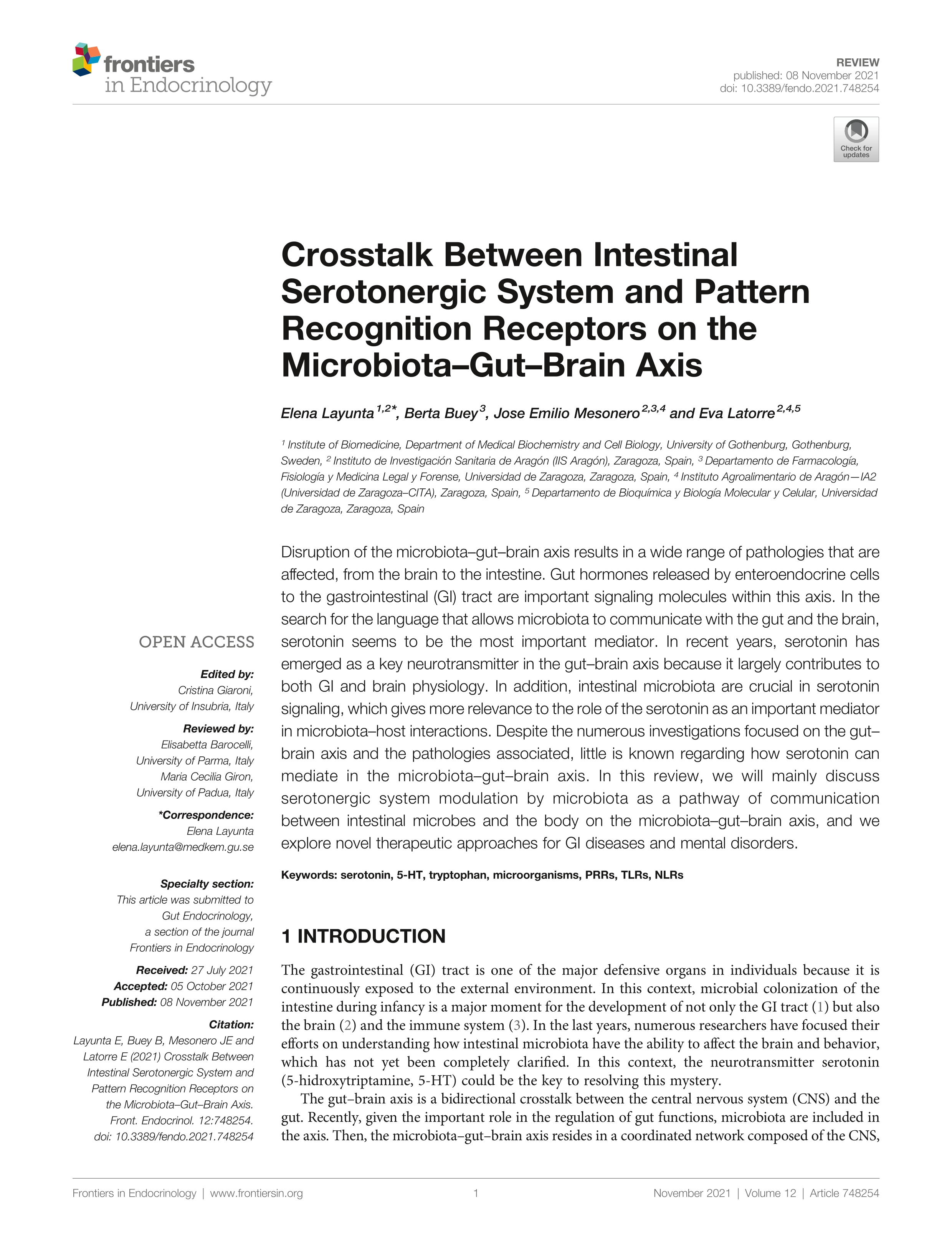 Crosstalk between intestinal serotonergic system and pattern recognition receptors on microbiota-gut-brain axis