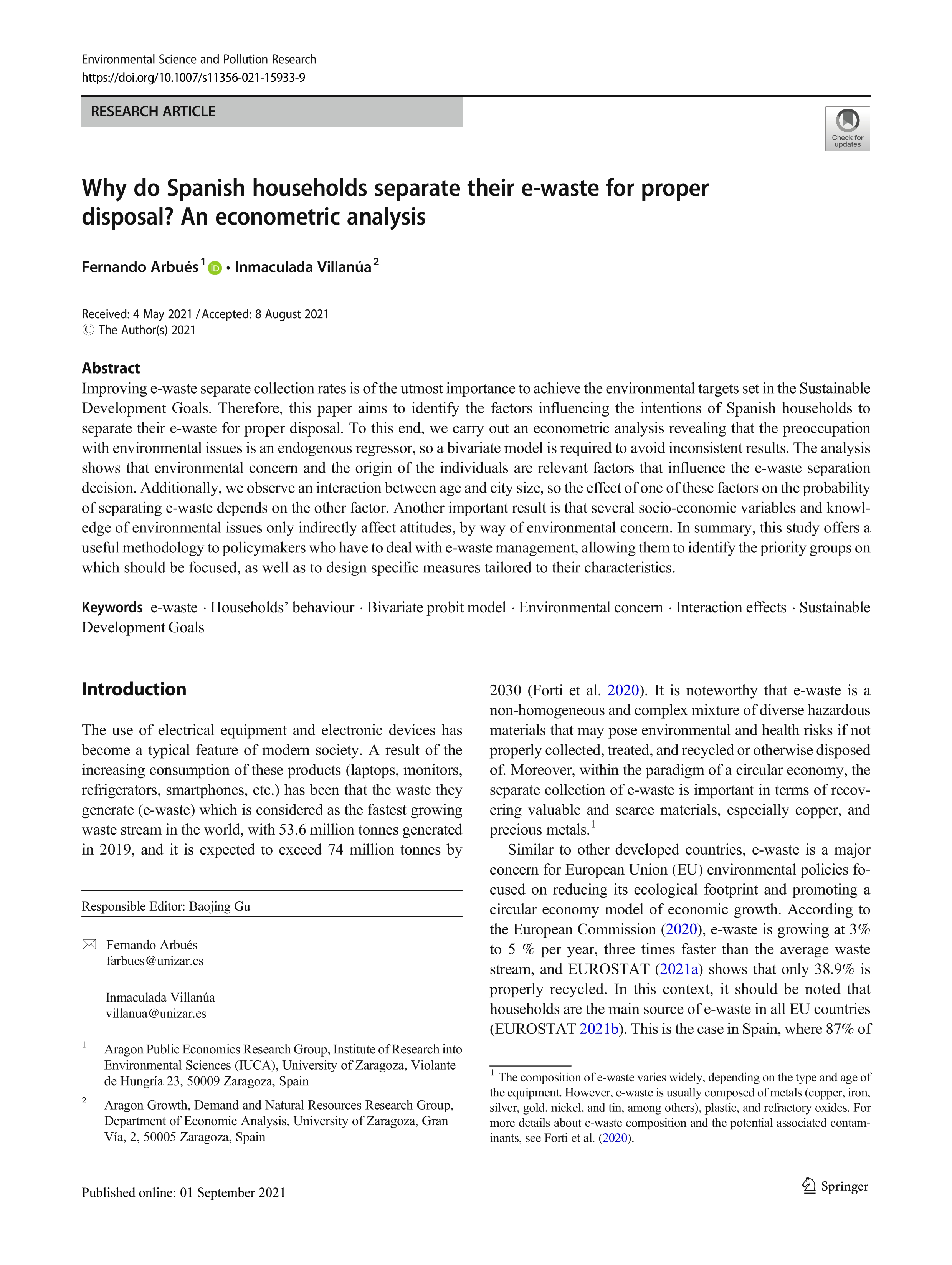 Why do Spanish households separate their e-waste for proper disposal? An econometric analysis