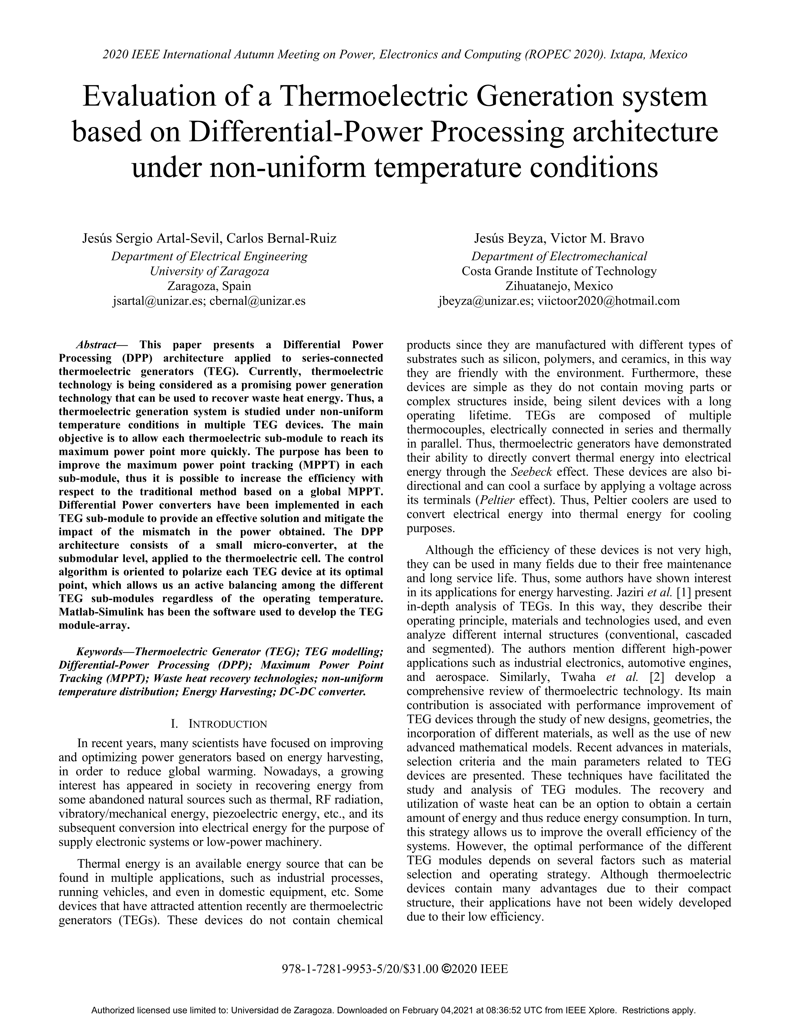 Evaluation of a Thermoelectric Generation system based on Differential-Power Processing architecture under non-uniform temperature conditions