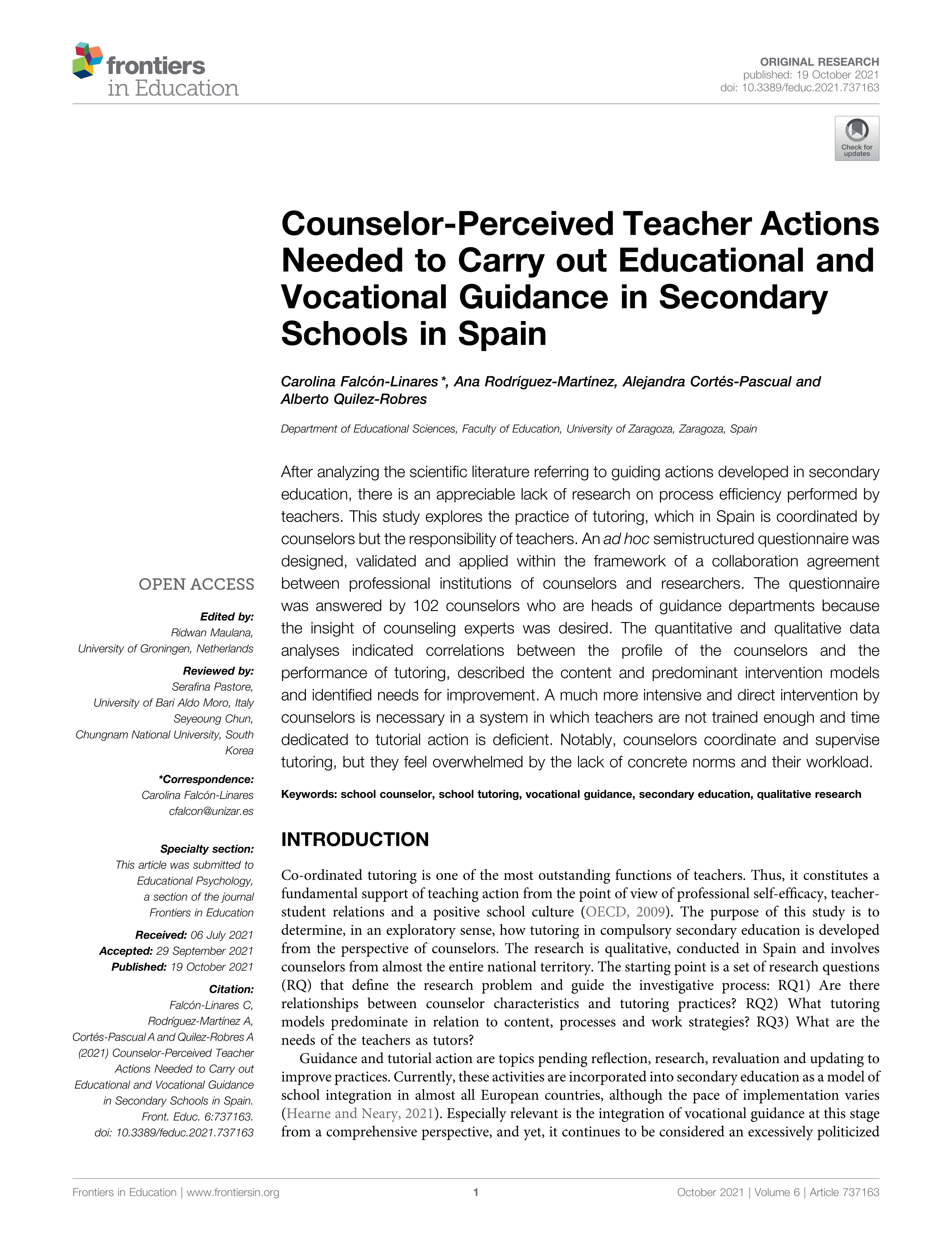Counselor-Perceived Teacher Actions Needed to Carry out Educational and Vocational Guidance in Secondary Schools in Spain