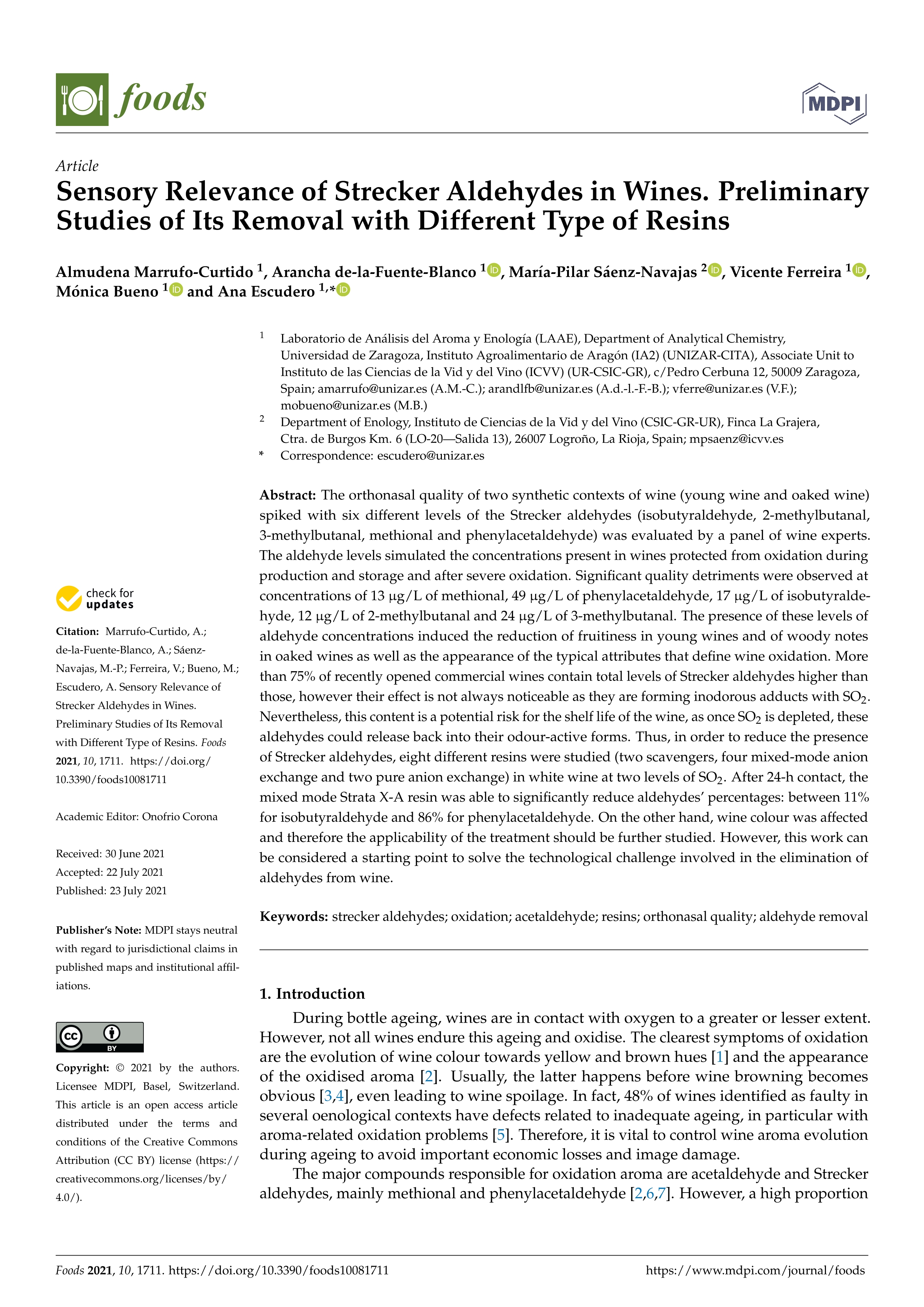 Sensory relevance of strecker aldehydes in wines. preliminary studies of its removal with different type of resins