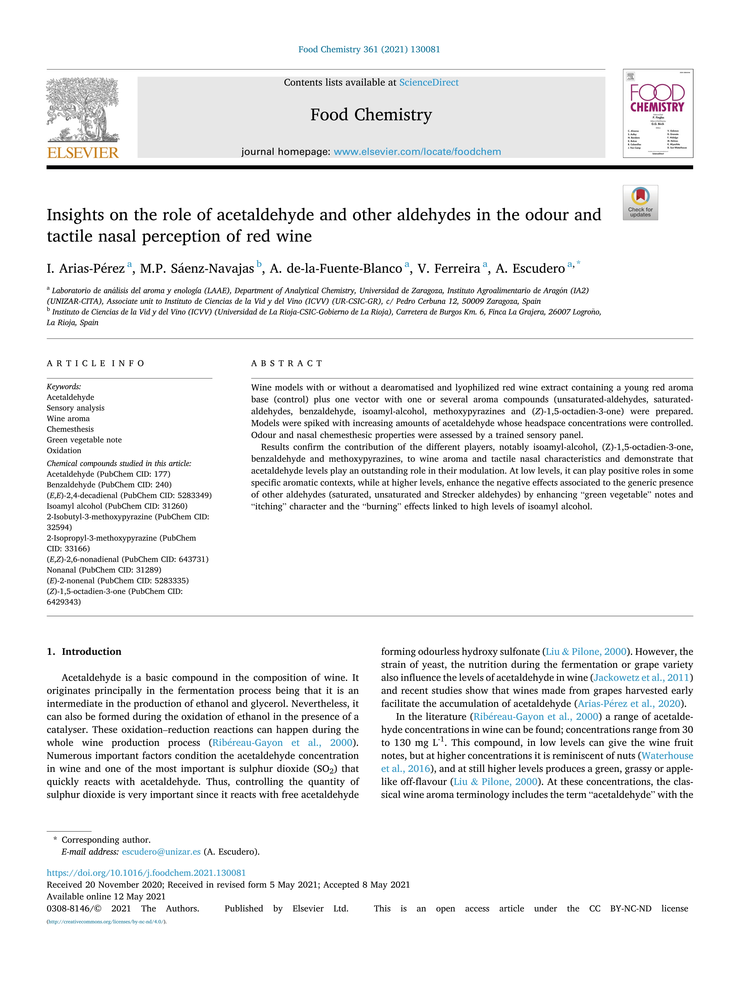 Insights on the role of acetaldehyde and other aldehydes in the odour and tactile nasal perception of red wine