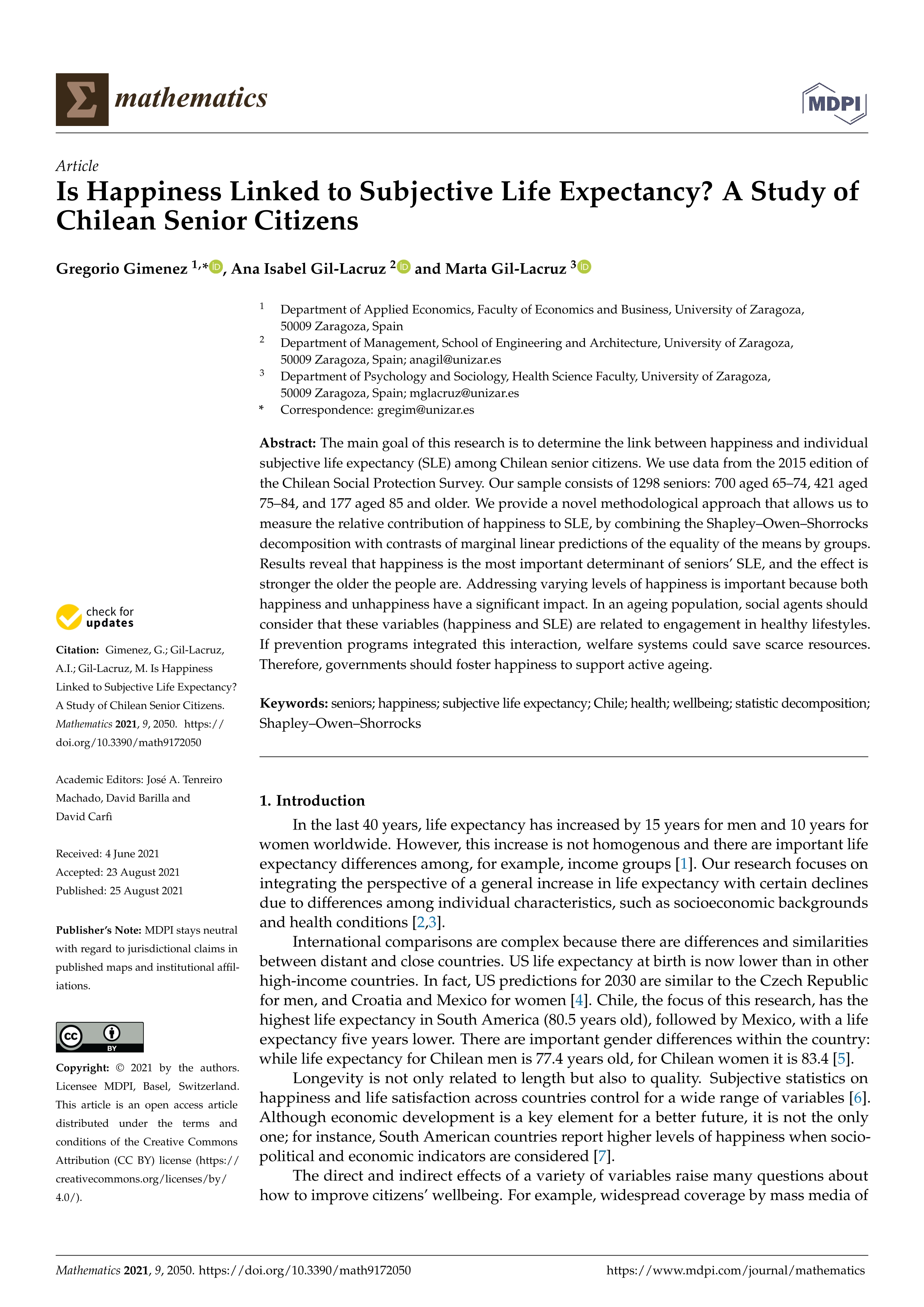 Is happiness linked to subjective life expectancy?. A study of chilean senior citizens