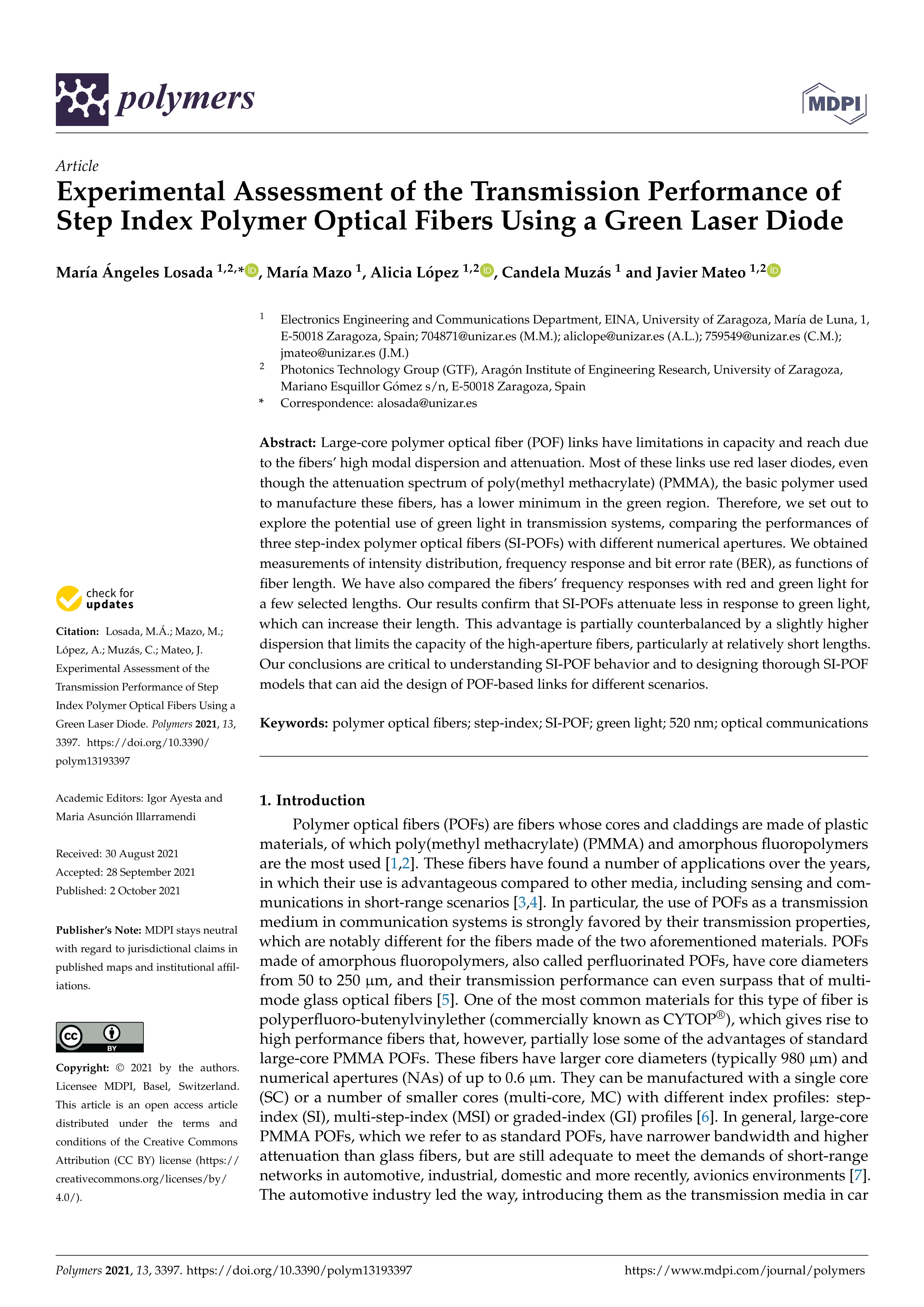 Experimental assessment of the transmission performance of step index polymer optical fibers using a green laser diode