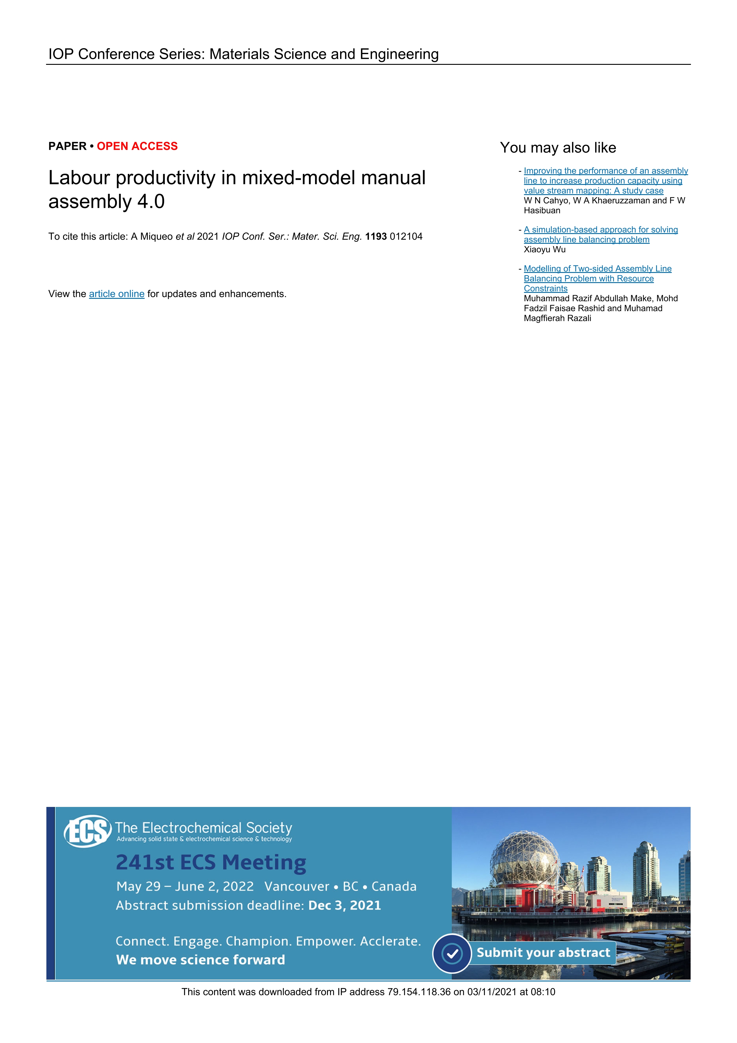 Labour productivity in mixed-model manual assembly 4.0