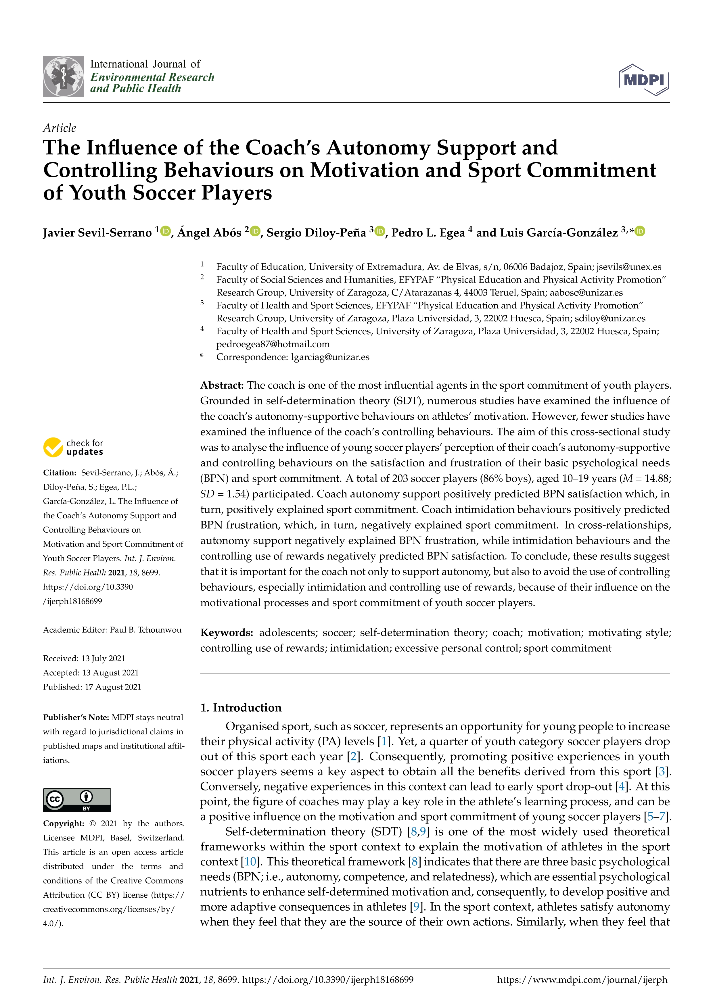 The Influence of the Coach’s Autonomy Support and Controlling Behaviours on Motivation and Sport Commitment of Youth Soccer Players