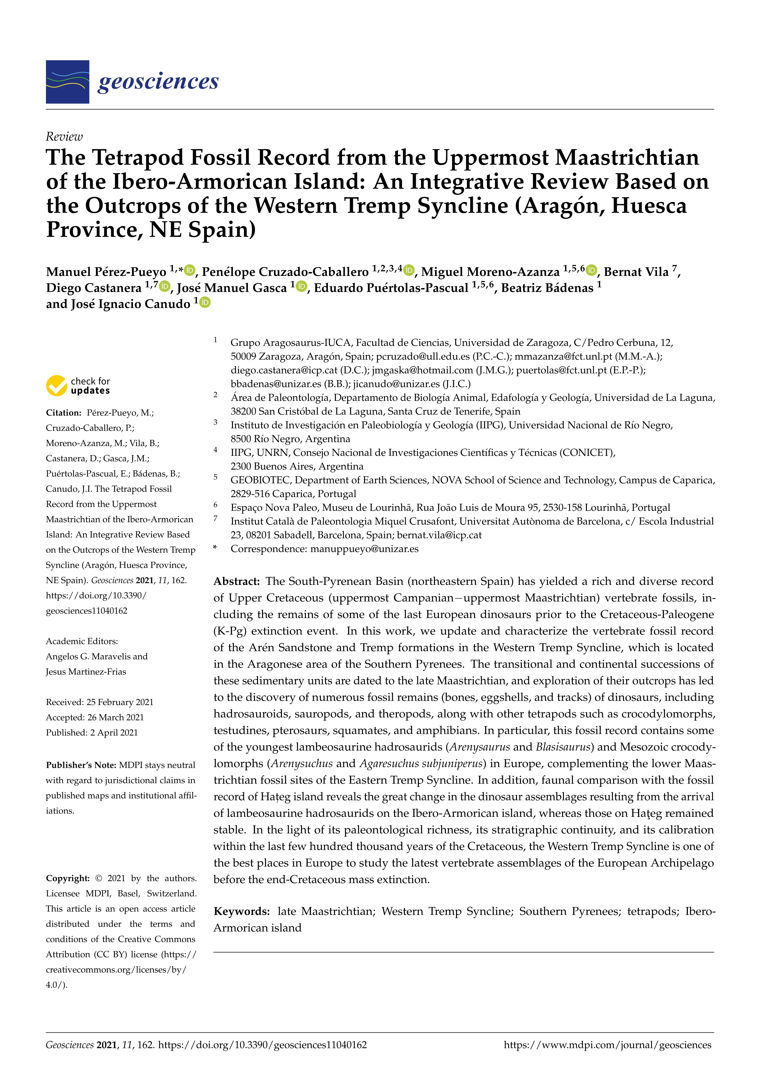 The Tetrapod Fossil Record from the Uppermost Maastrichtian of the Ibero-Armorican Island: An Integrative Review Based on the Outcrops of the Western Tremp Syncline (Aragón, Huesca Province, NE Spain)