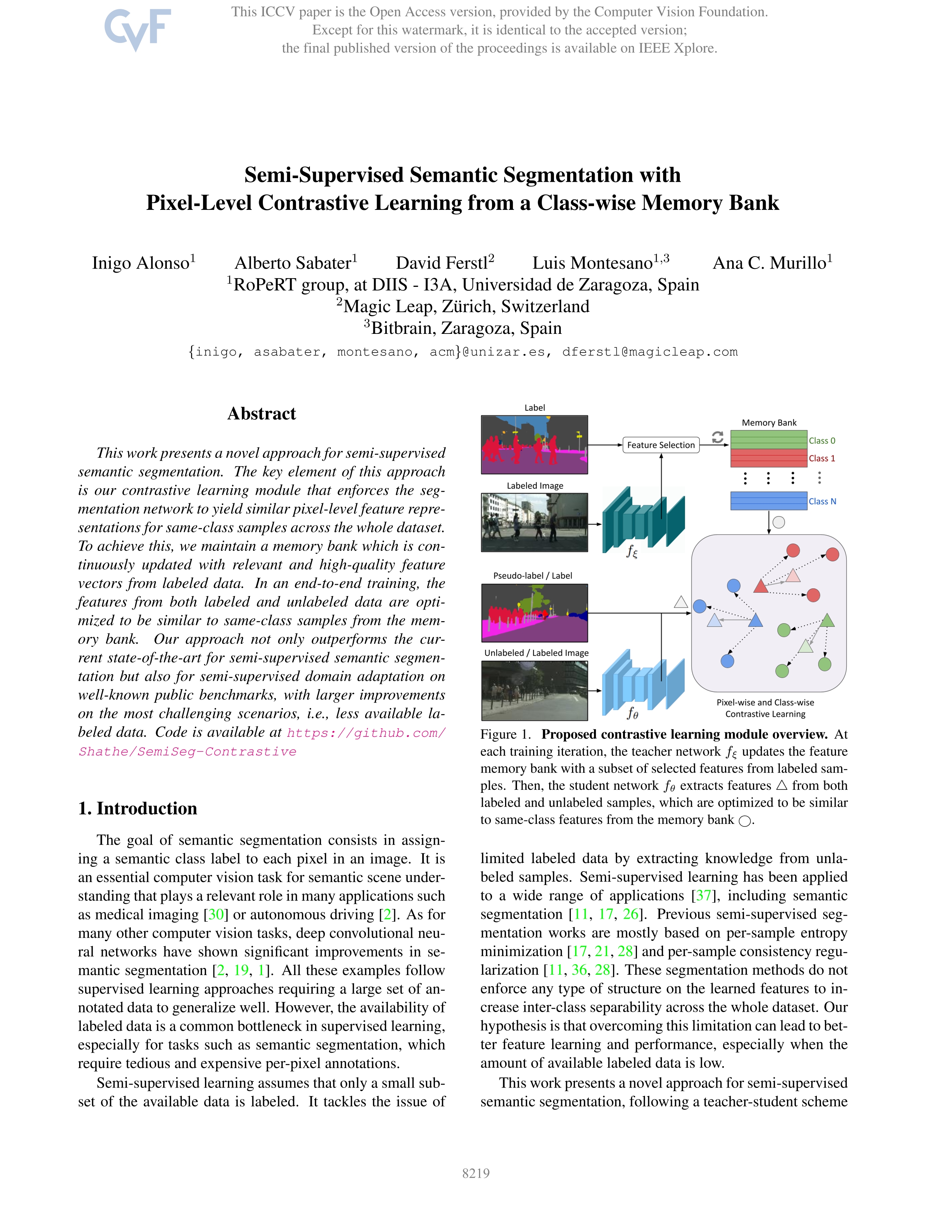 Semi-Supervised Semantic Segmentation with Pixel-Level Contrastive Learning from a Class-wise Memory Bank