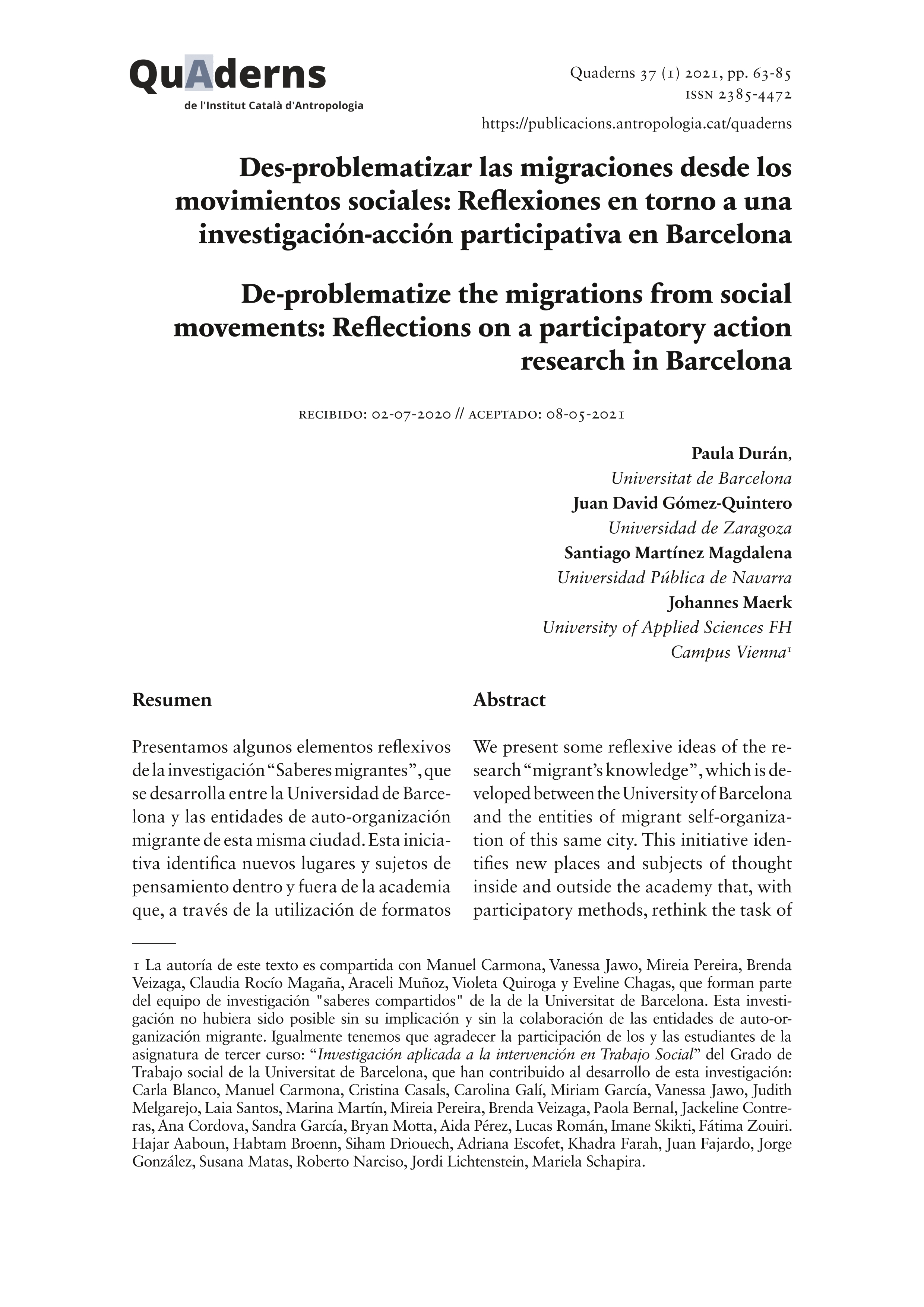 Des-problematizar las migraciones desde los movimientos sociales: Reflexiones en torno a una investigación-acción participativa en Barcelona