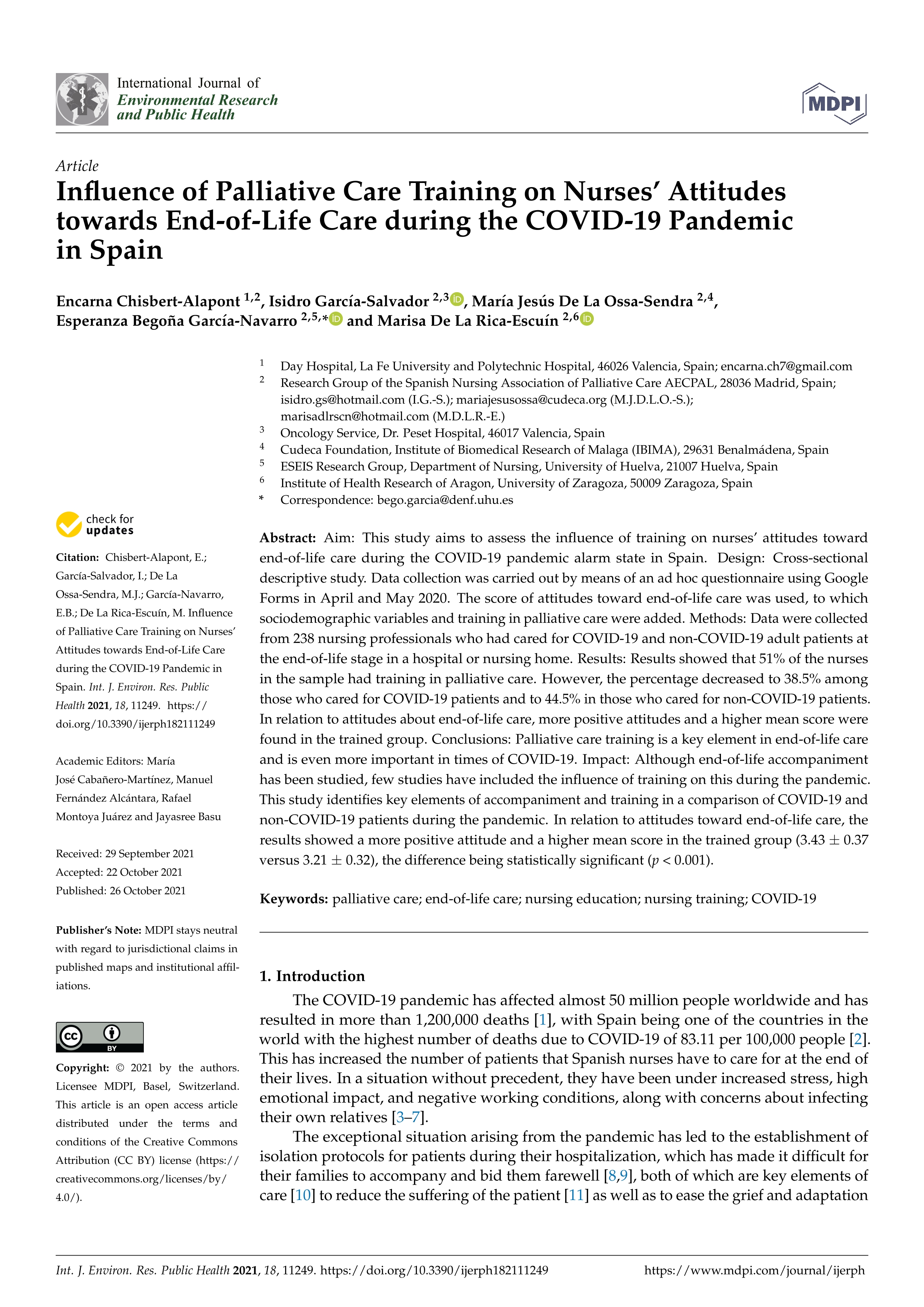 Influence of palliative care training on nurses’ attitudes towards end-of-life care during the COVID-19 pandemic in Spain