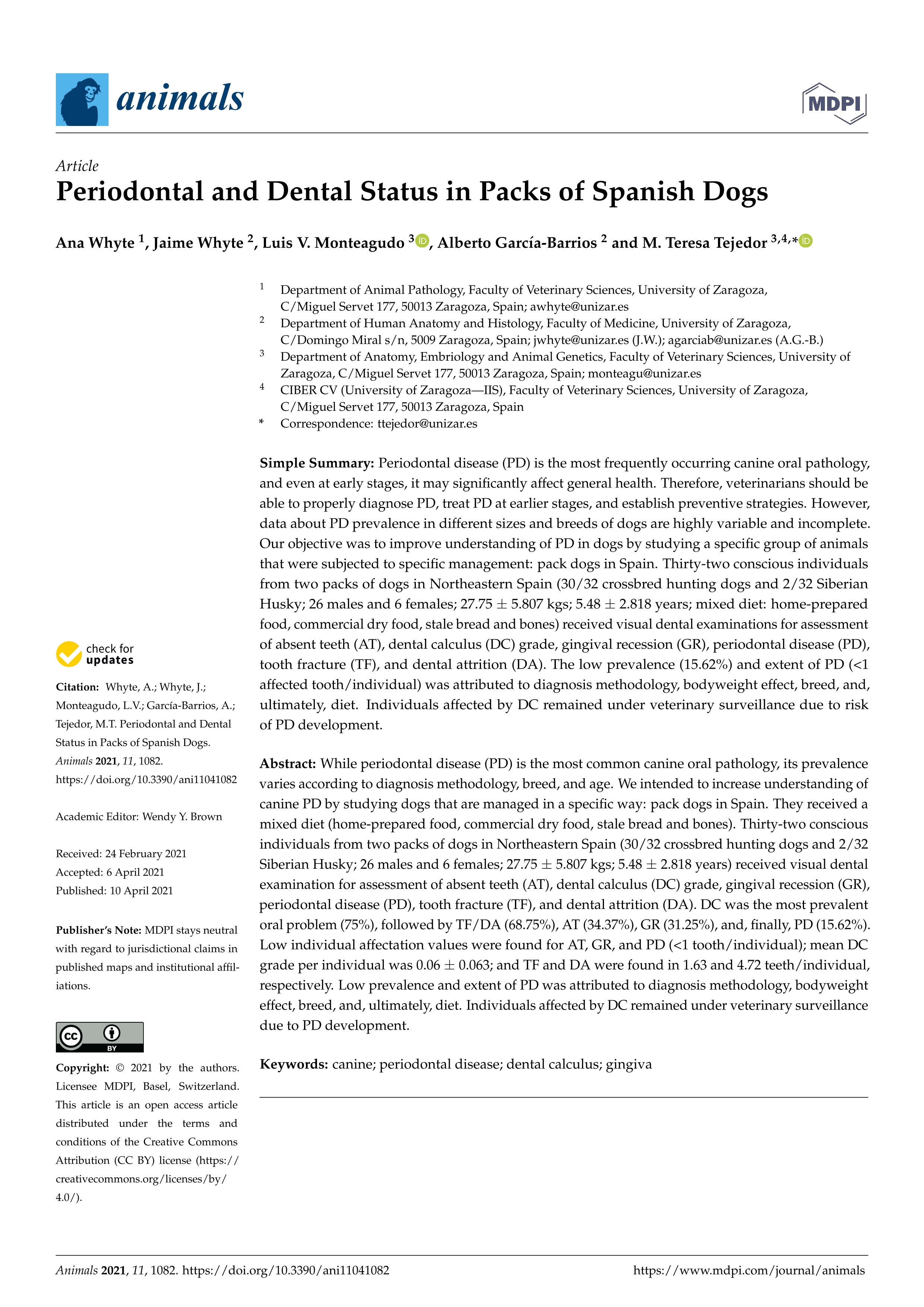 Periodontal and Dental Status in Packs of Spanish Dogs