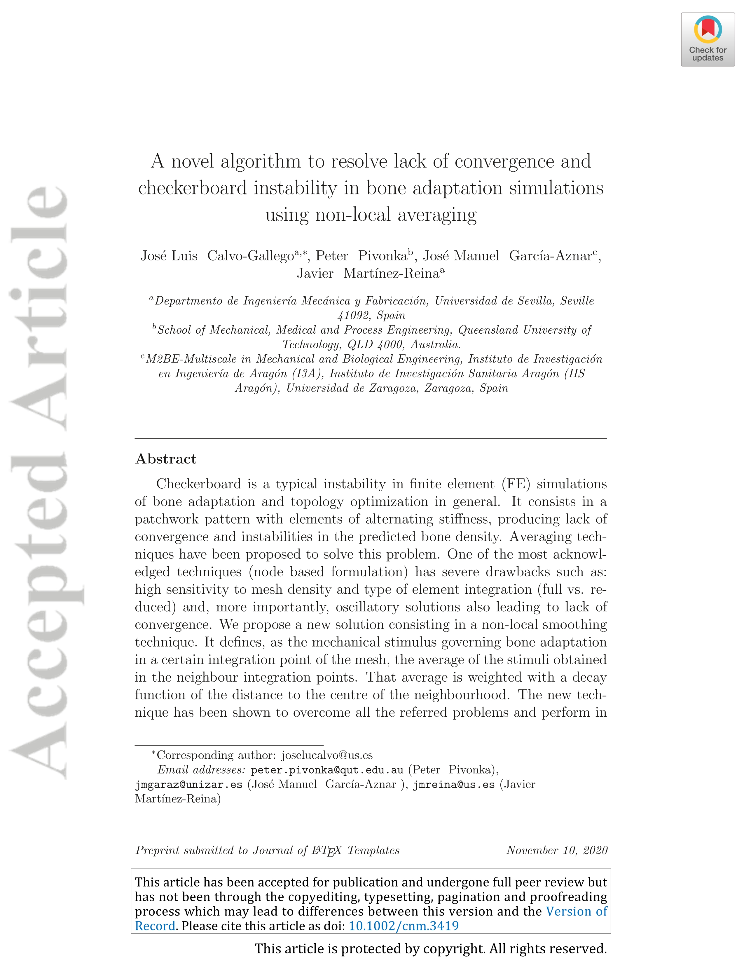 A novel algorithm to resolve lack of convergence and checkerboard instability in bone adaptation simulations using non-local averaging