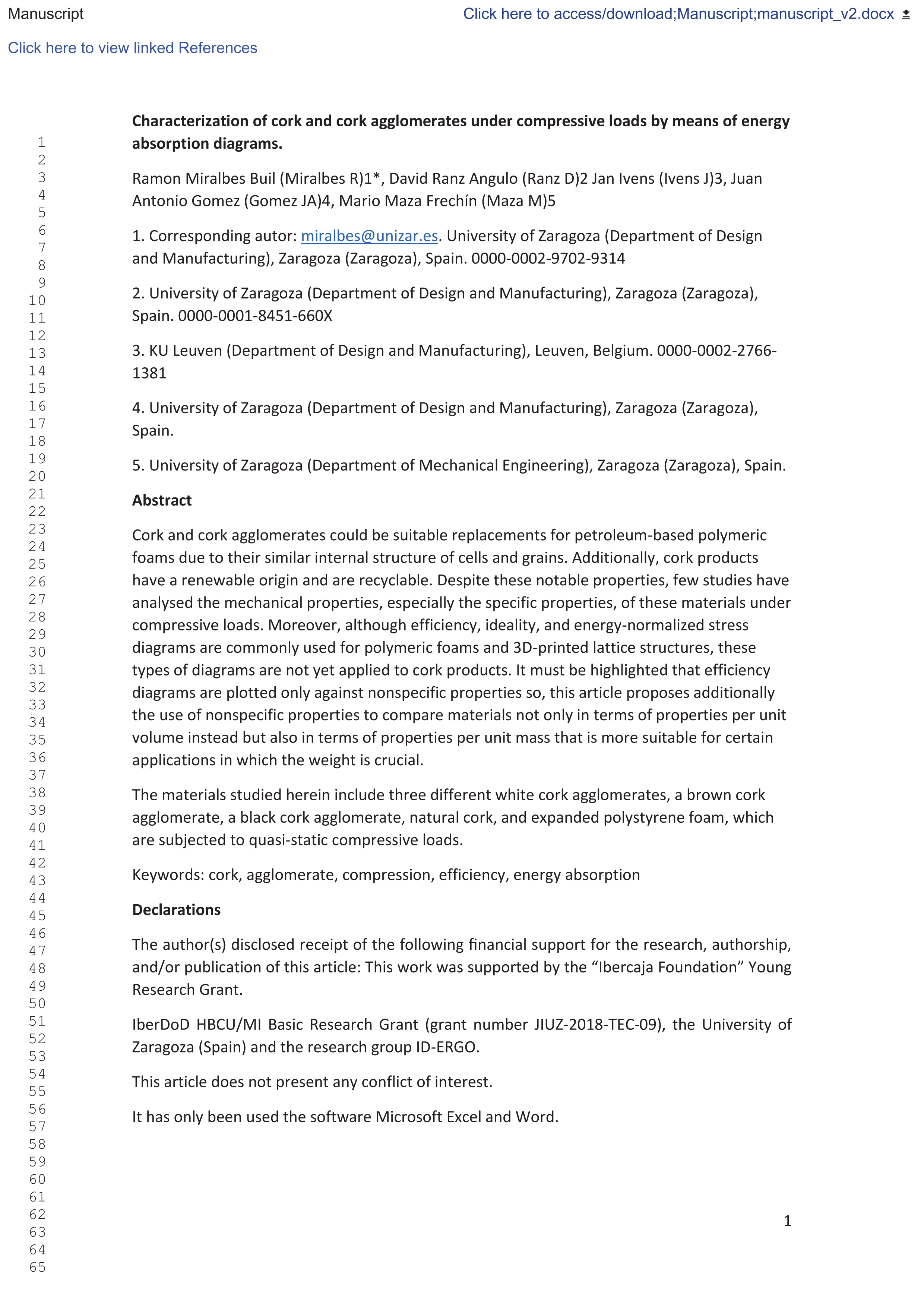 Characterization of cork and cork agglomerates under compressive loads by means of energy absorption diagrams