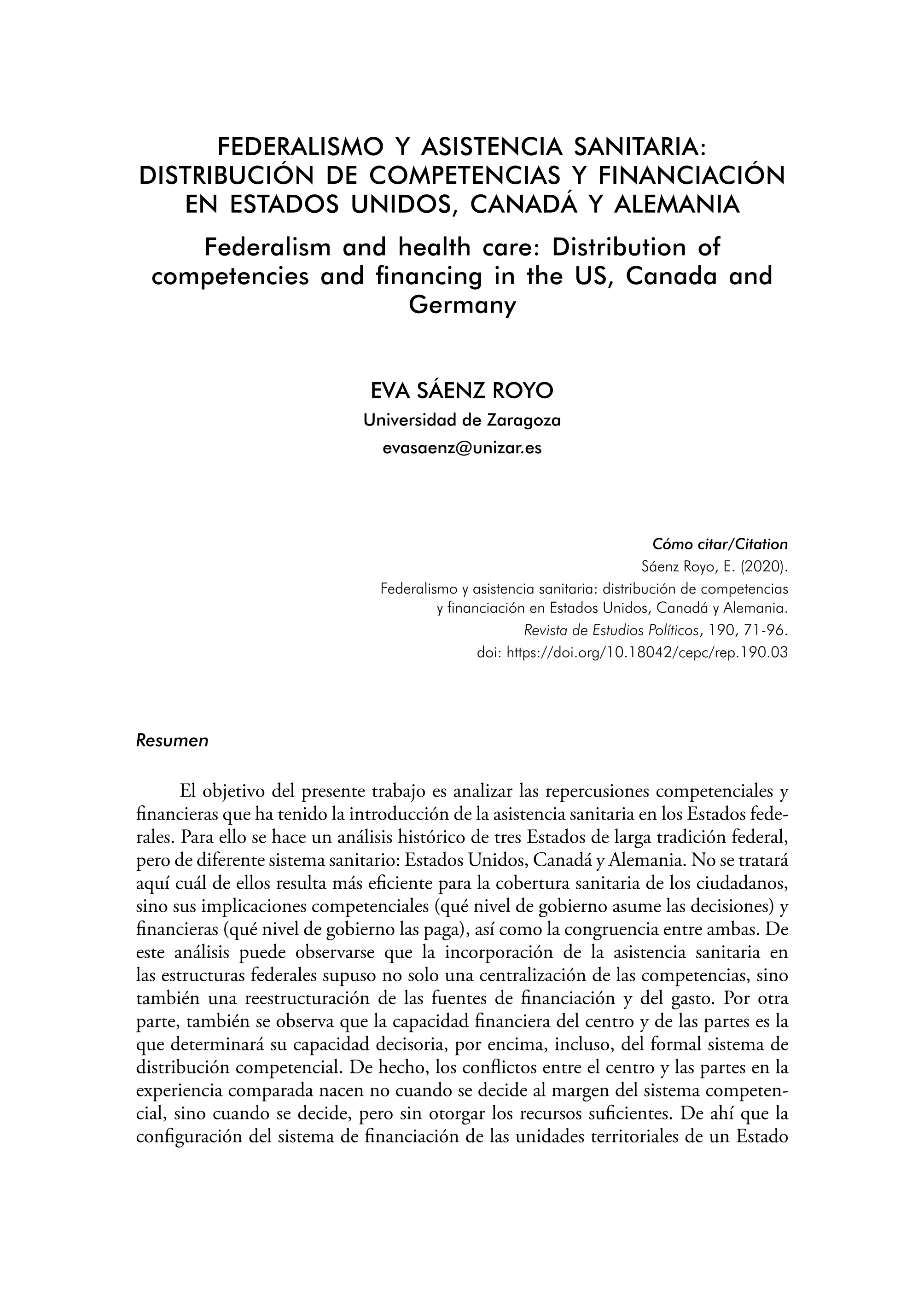 Federalismo y asistencia sanitaria: distribución de competencias y financiación en EEUU, Canadá y Alemania