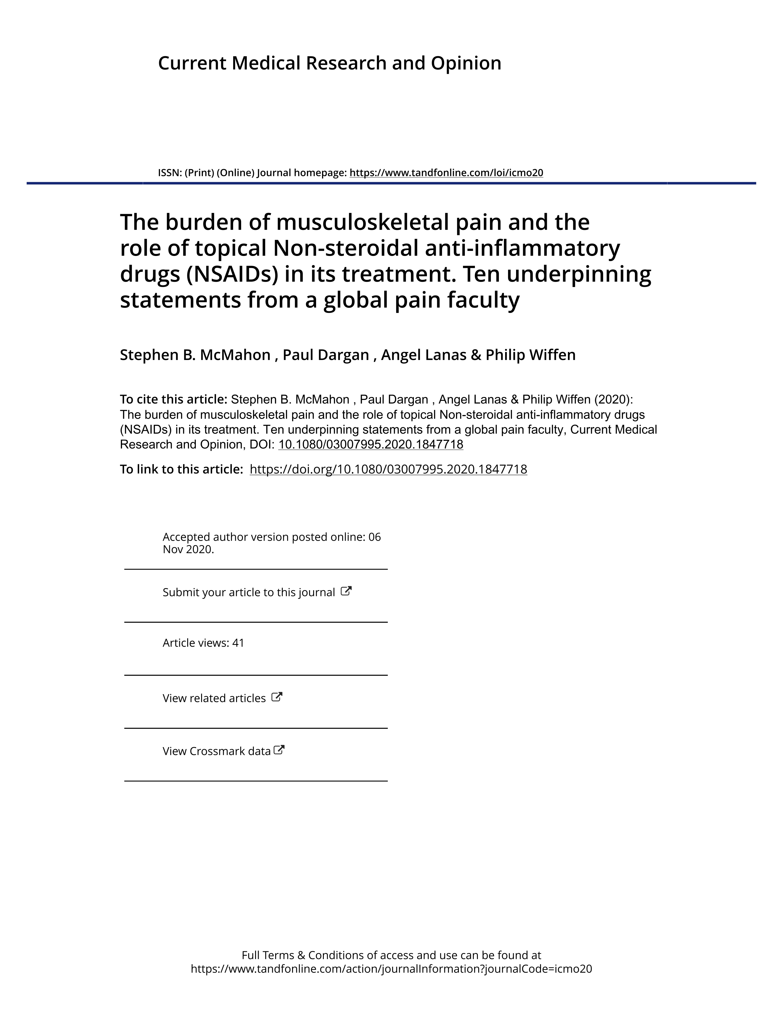The burden of musculoskeletal pain and the role of topical non-steroidal anti-inflammatory drugs (NSAIDs) in its treatment. Ten underpinning statements from a global pain faculty