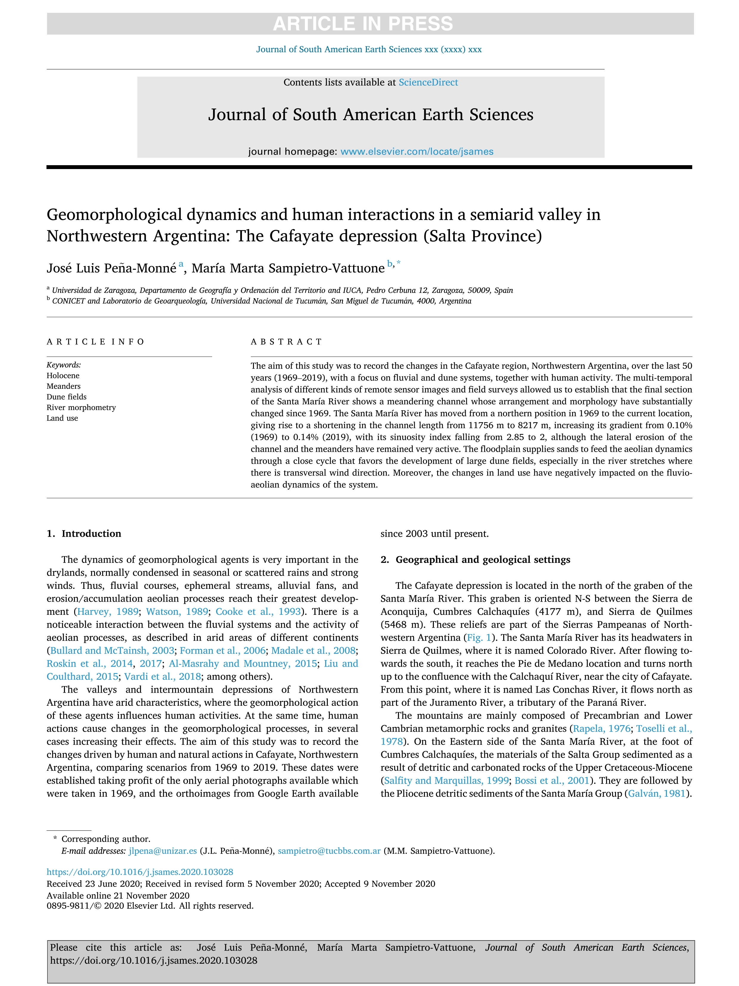 Geomorphological dynamics and human interactions in a semiarid valley in Northwestern Argentina: The Cafayate depression (Salta Province)