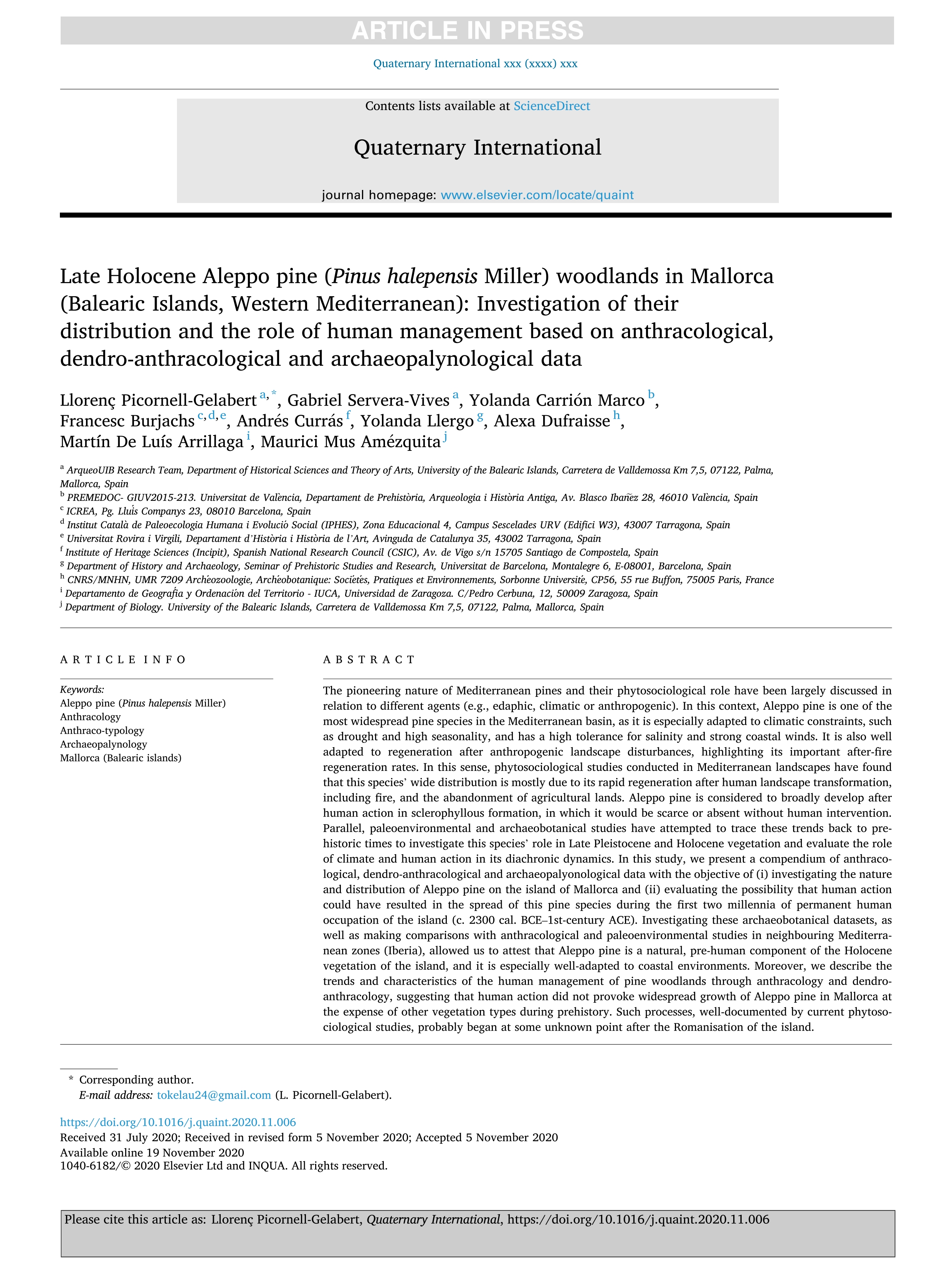 Late Holocene Aleppo pine (Pinus halepensis Miller) woodlands in Mallorca (Balearic Islands, Western Mediterranean): Investigation of their distribution and the role of human management based on anthracological, dendro-anthracological and archaeopalynological data