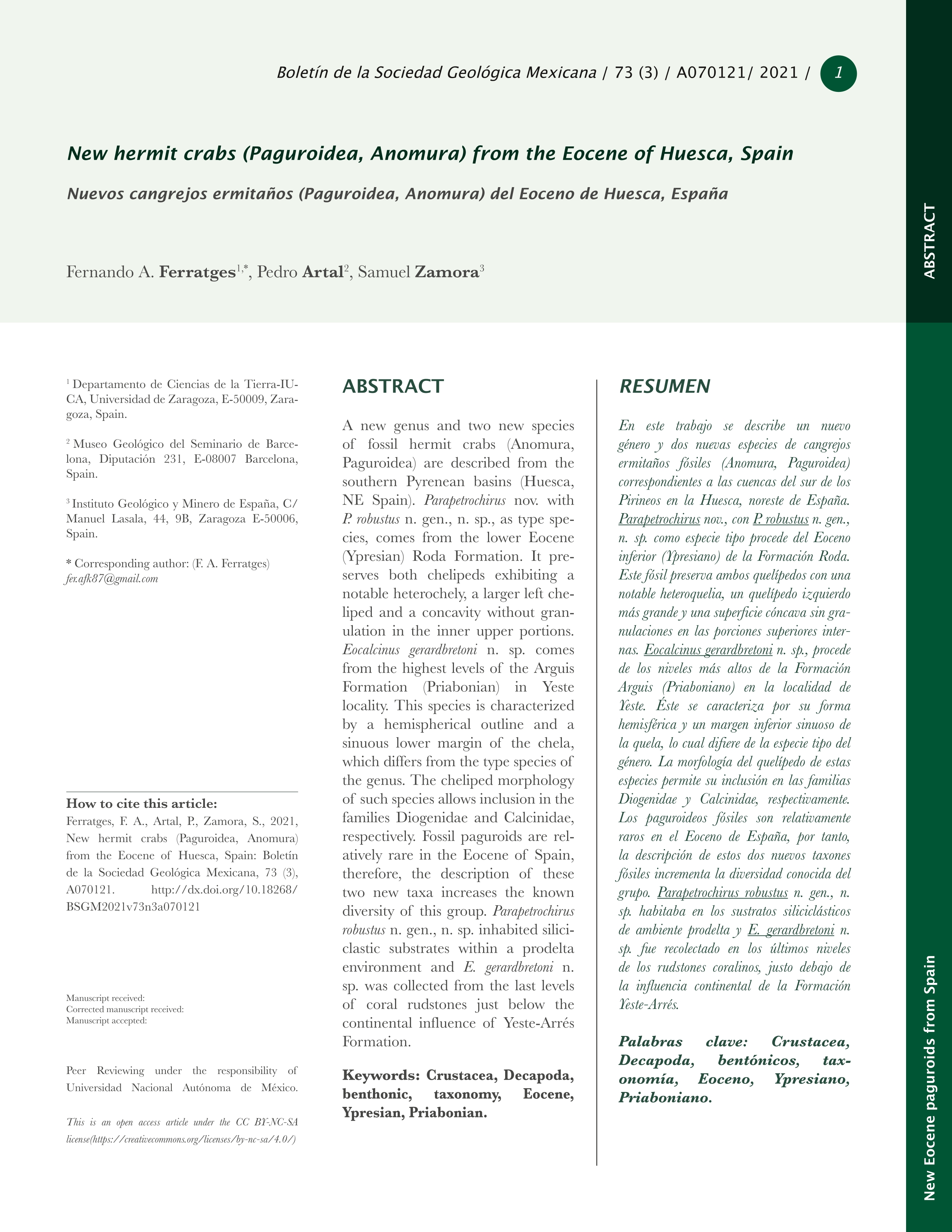 New hermit crabs (Paguroidea, Anomura) from the Eocene of Huesca, Spain