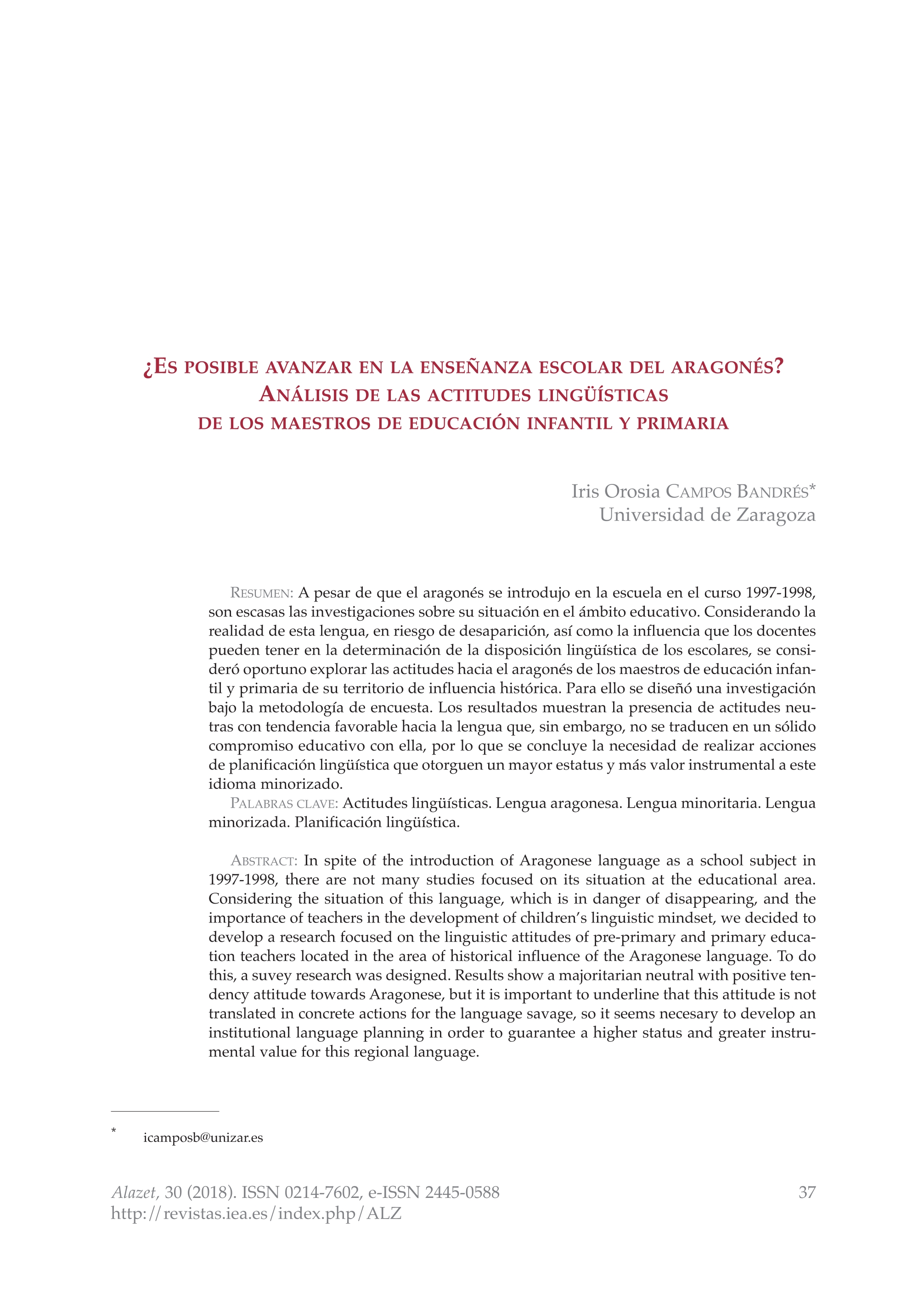 ¿Es posible avanzar hacia la enseñanza escolar del aragonés? Análisis de las actitudes lingüísticas de los maestros de Educación Infantil y Primaria