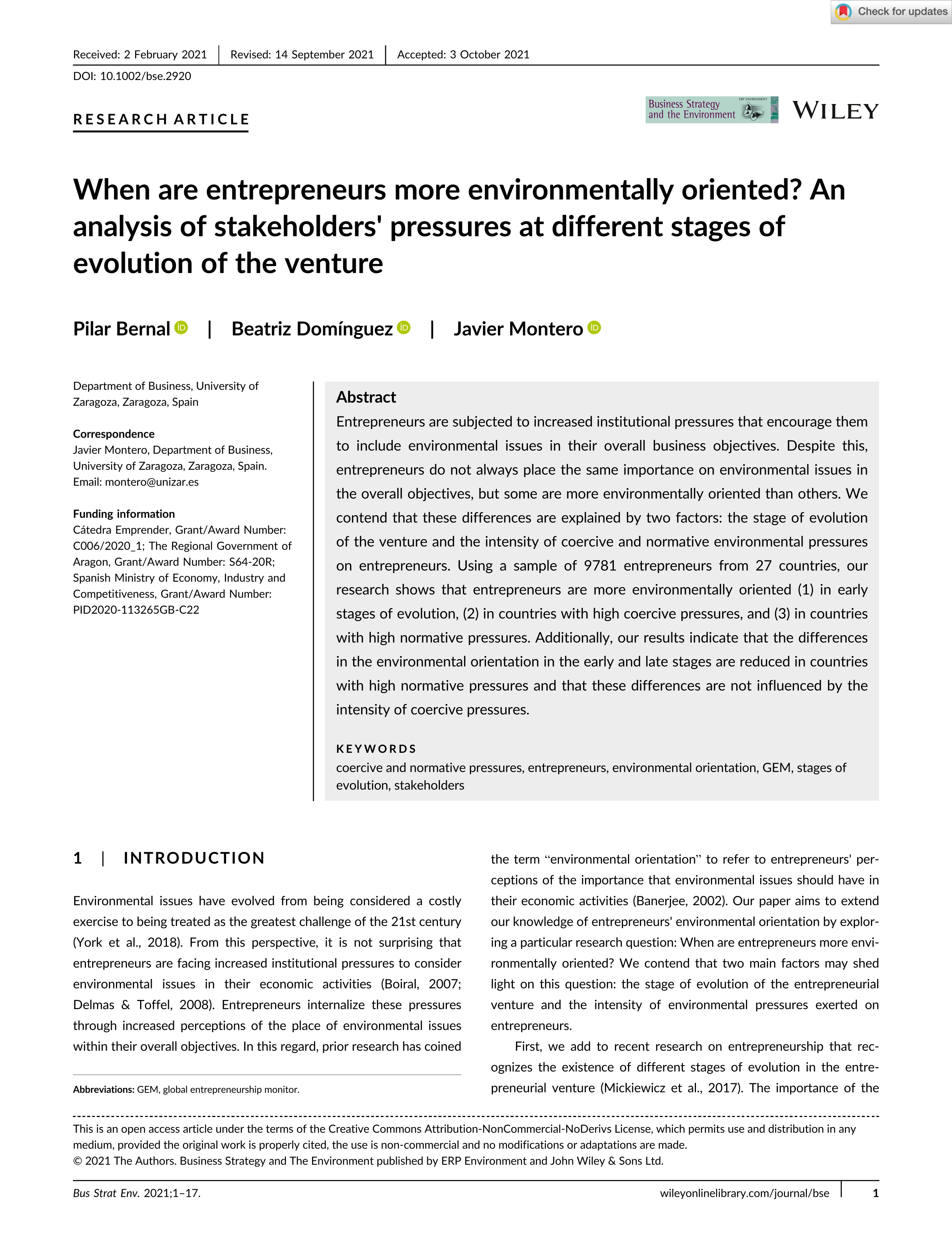 When are entrepreneurs more environmentally oriented? An analysis of stakeholders' pressures at different stages of evolution of the venture
