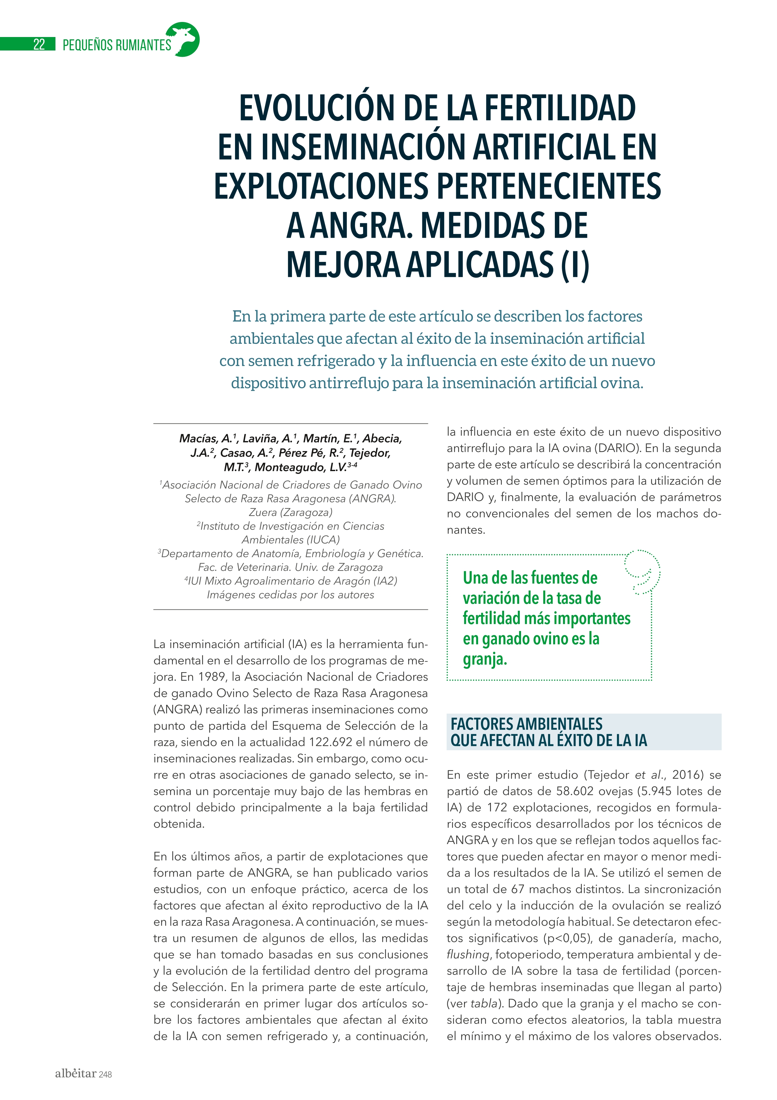 Evolución de la fertilidad en inseminación artificial en explotaciones pertenecientes a Angra. Medidas de mejora aplicadas (I)