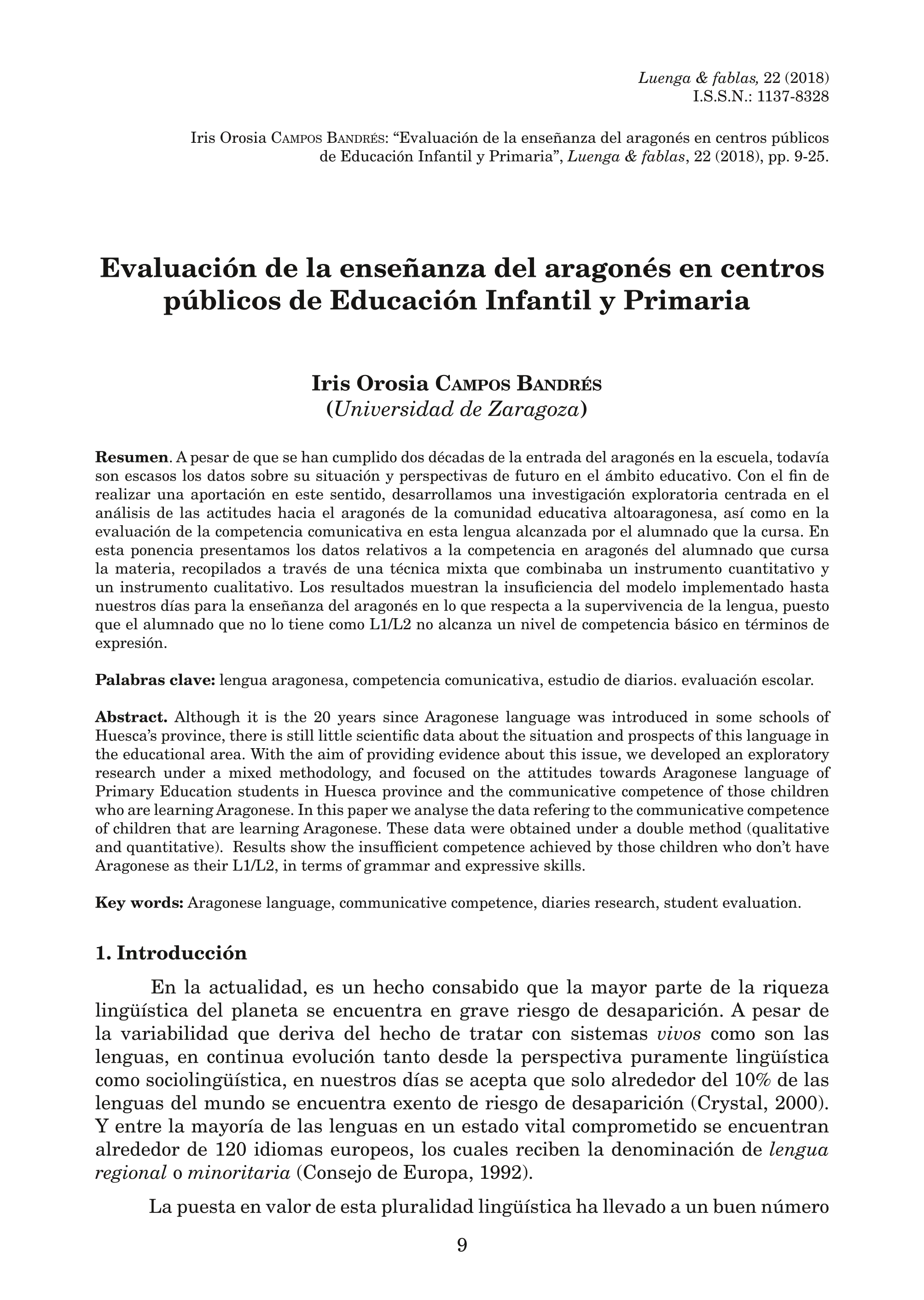 Evaluación de la enseñanza del aragonés en centros públicos de Educación Infantil y Educación Primaria.