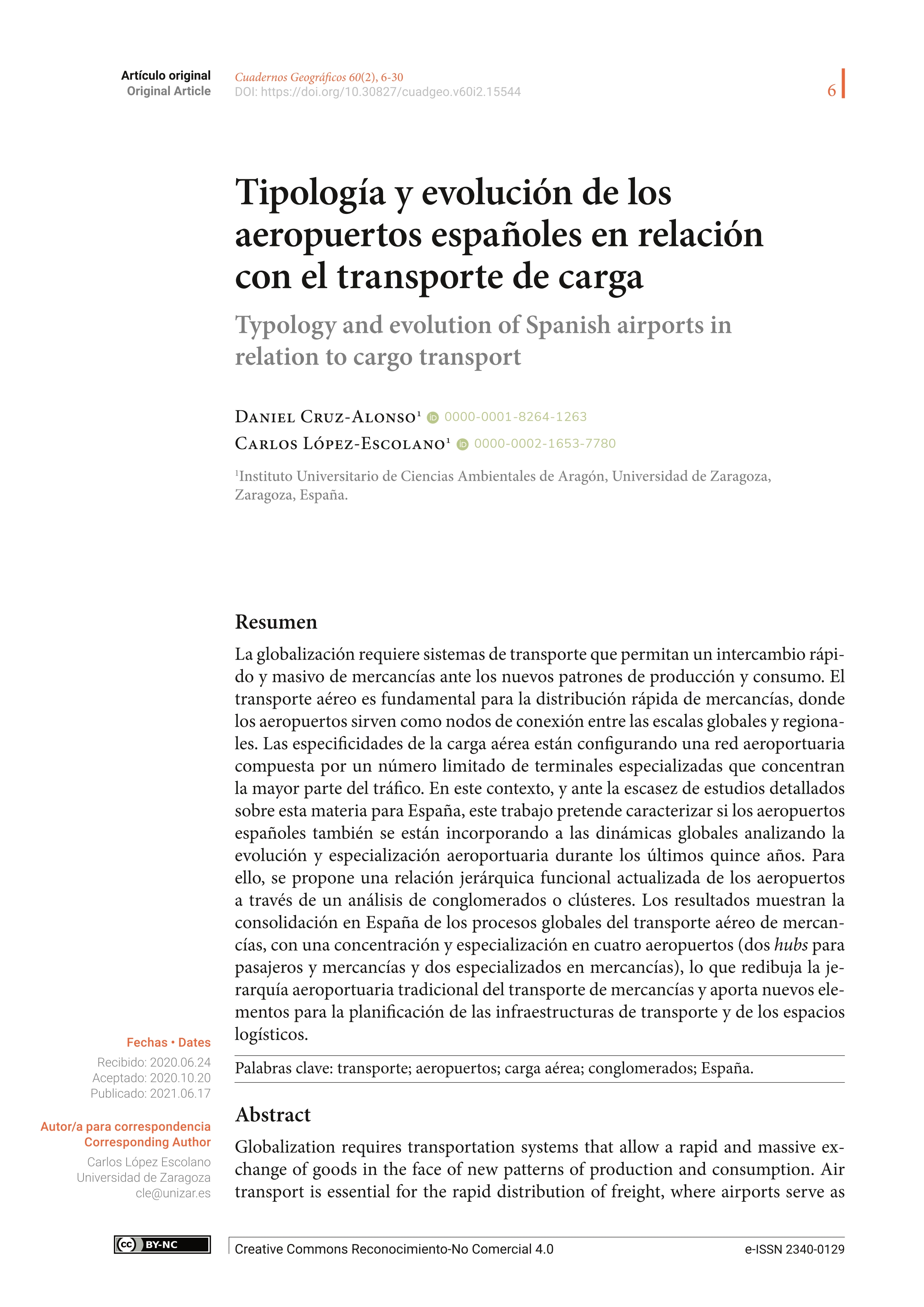 Tipología y evolución de los aeropuertos españoles en relación con el transporte de carga