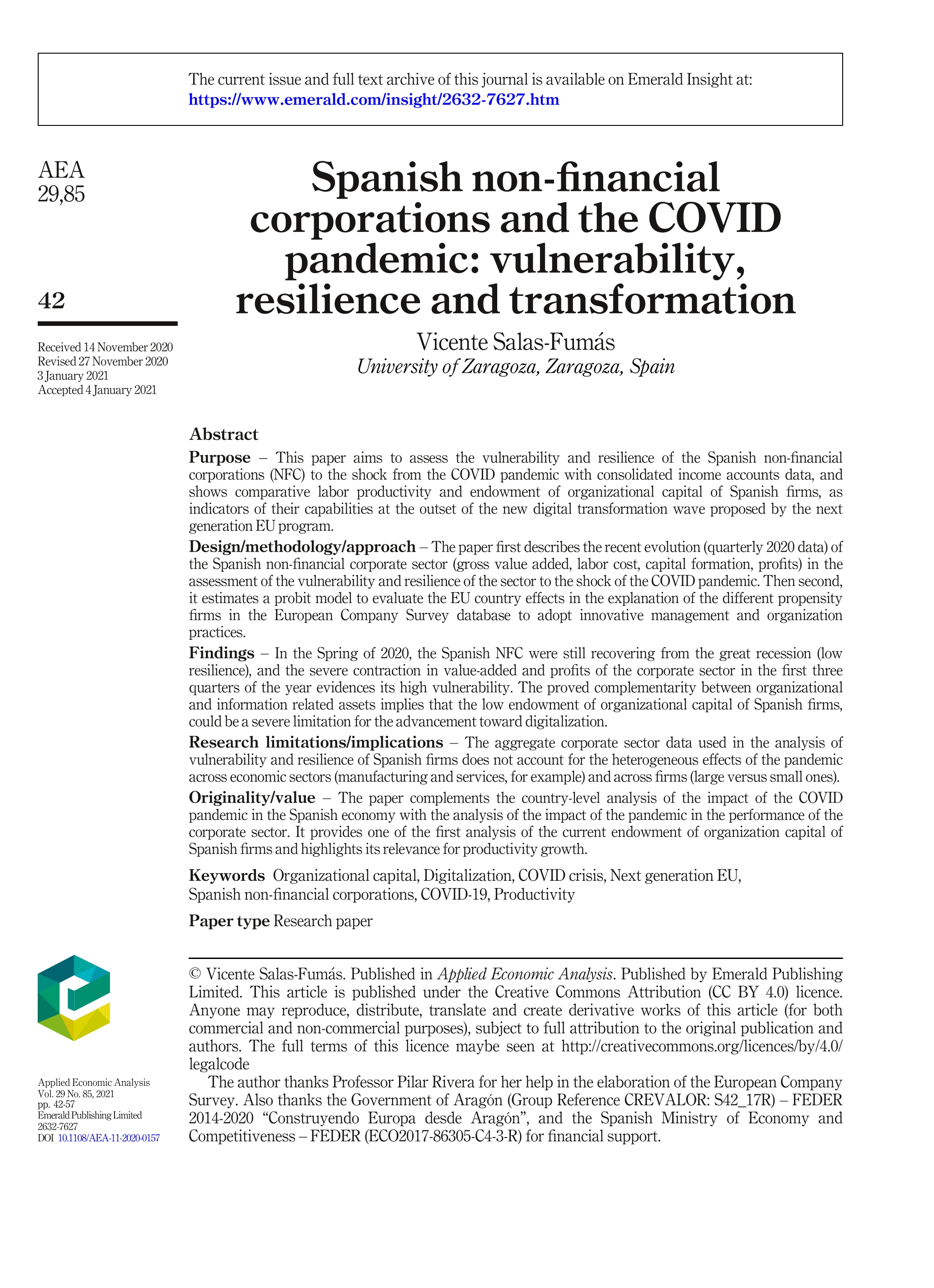 Spanish non-financial corporations and the COVID pandemic: vulnerability, resilience and transformation