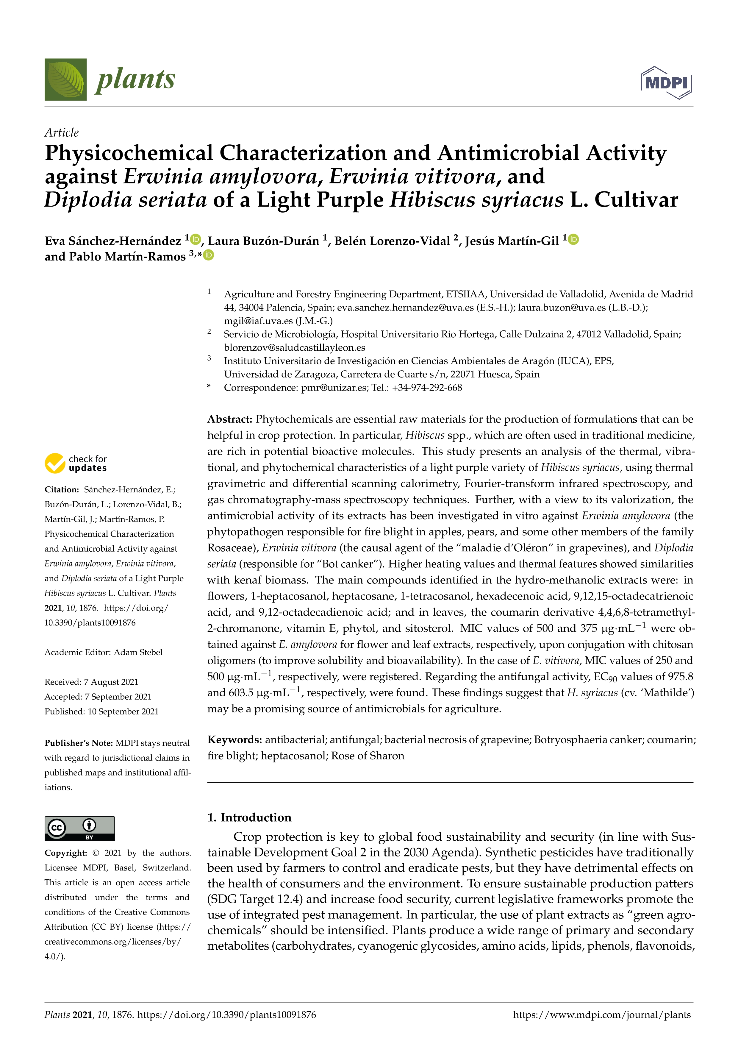 Physicochemical characterization and antimicrobial activity against Erwinia amylovora, Erwinia vitivora, and Diplodia seriata of a light purple Hibiscus syriacus L. Cultivar