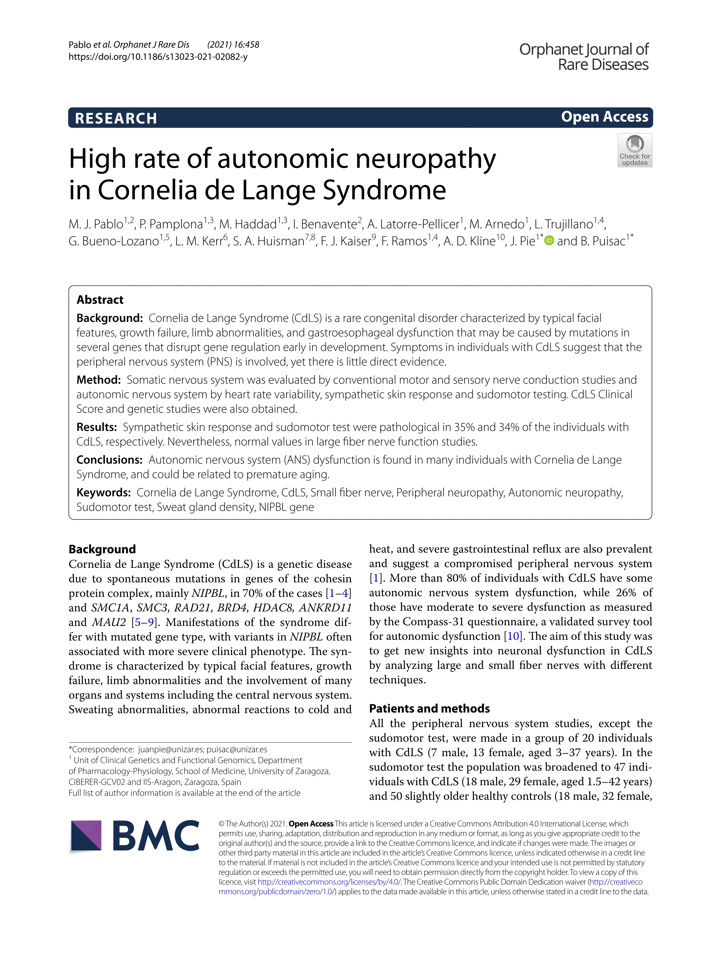 High rate of autonomic neuropathy in Cornelia de Lange Syndrome