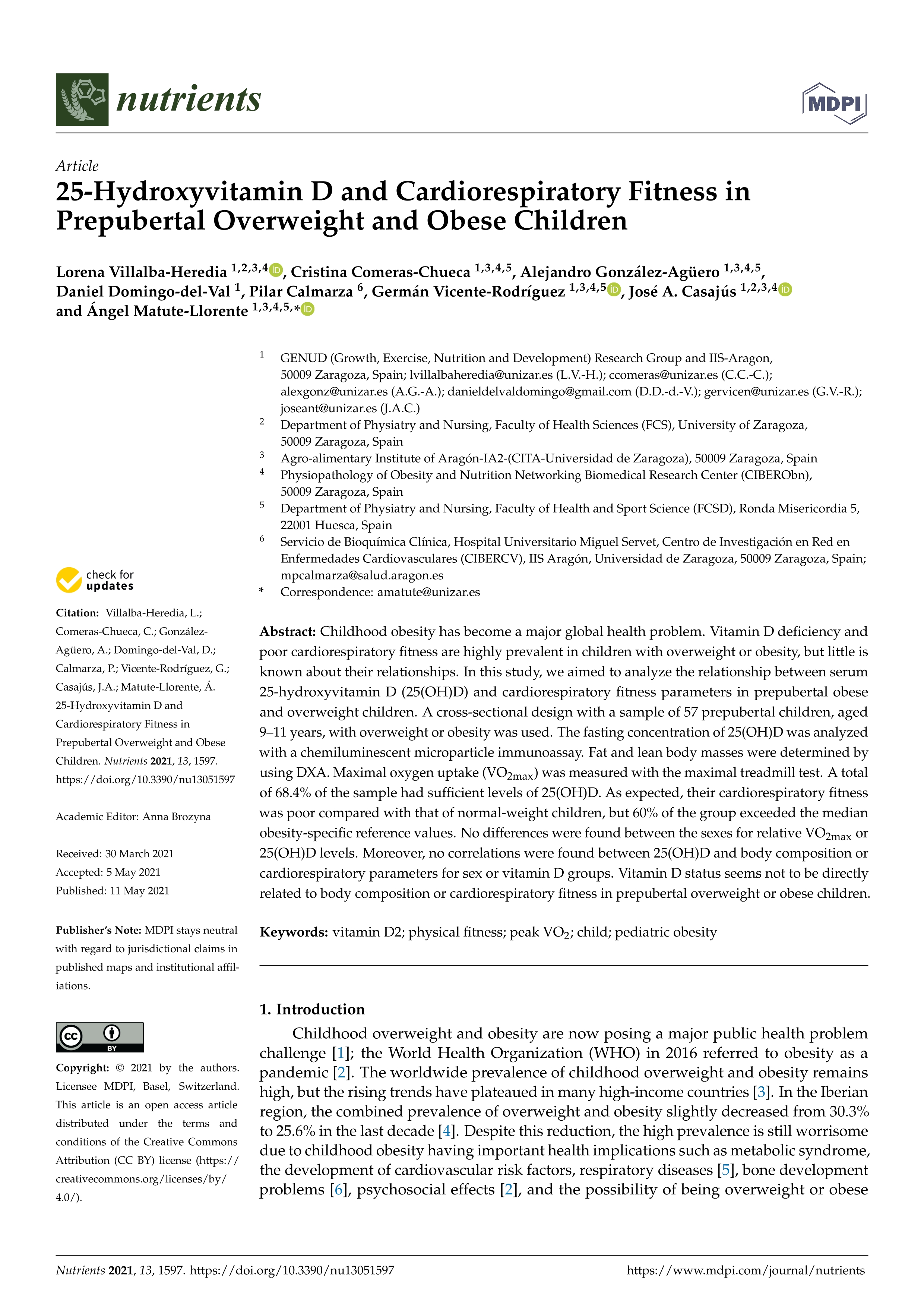 25-Hydroxyvitamin D and Cardiorespiratory Fitness in Prepubertal Overweight and Obese Children