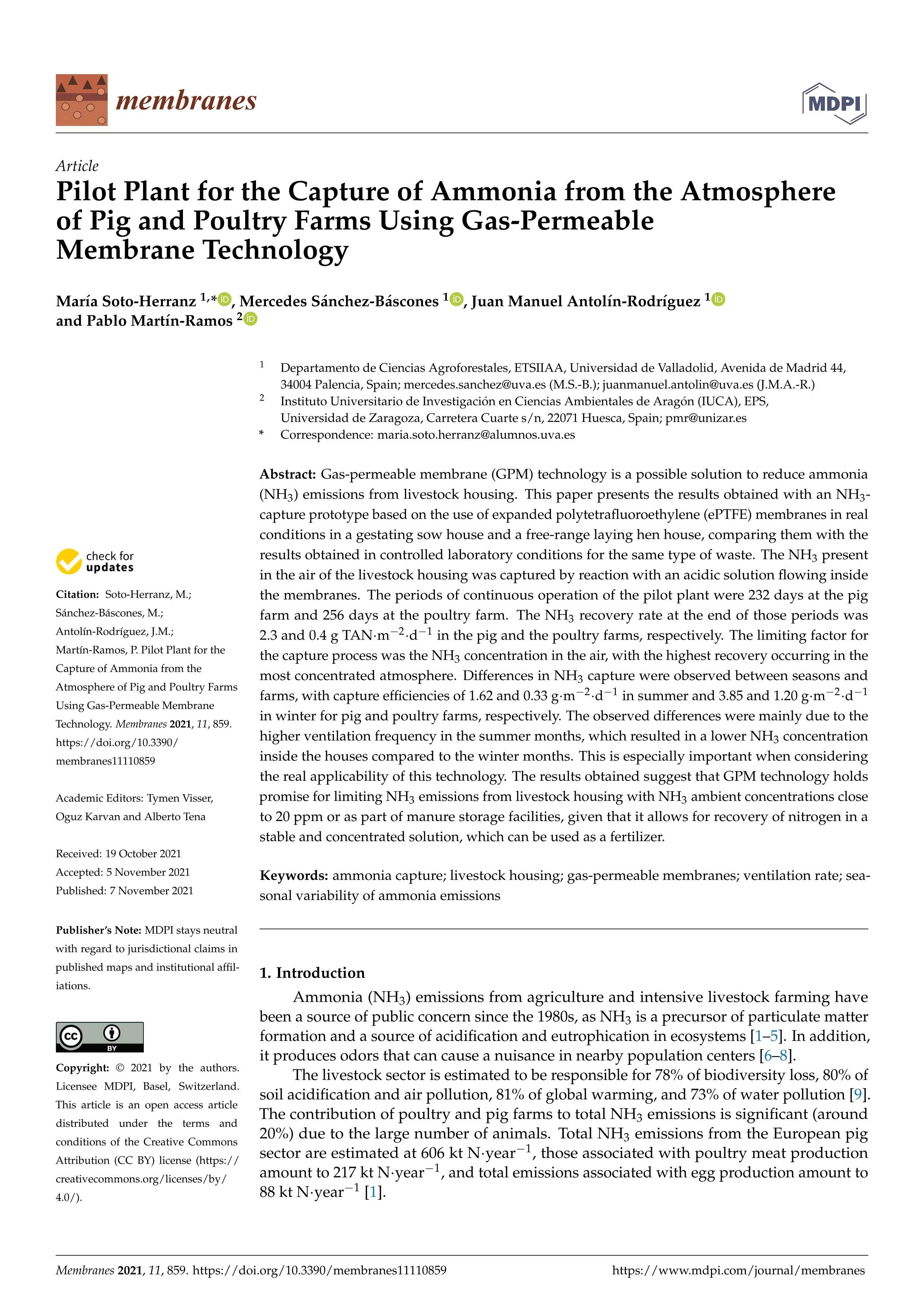 Pilot plant for the capture of ammonia from the atmosphere of pig and poultry farms using gas-permeable membrane technology