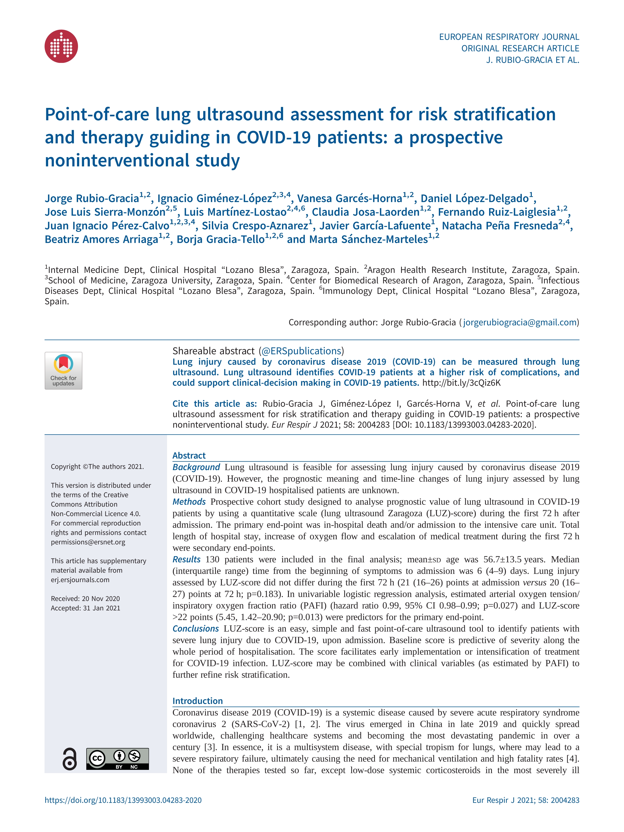 Point-of-care lung ultrasound assessment for risk stratification and therapy guiding in COVID-19 patients. A prospective non-interventional study.