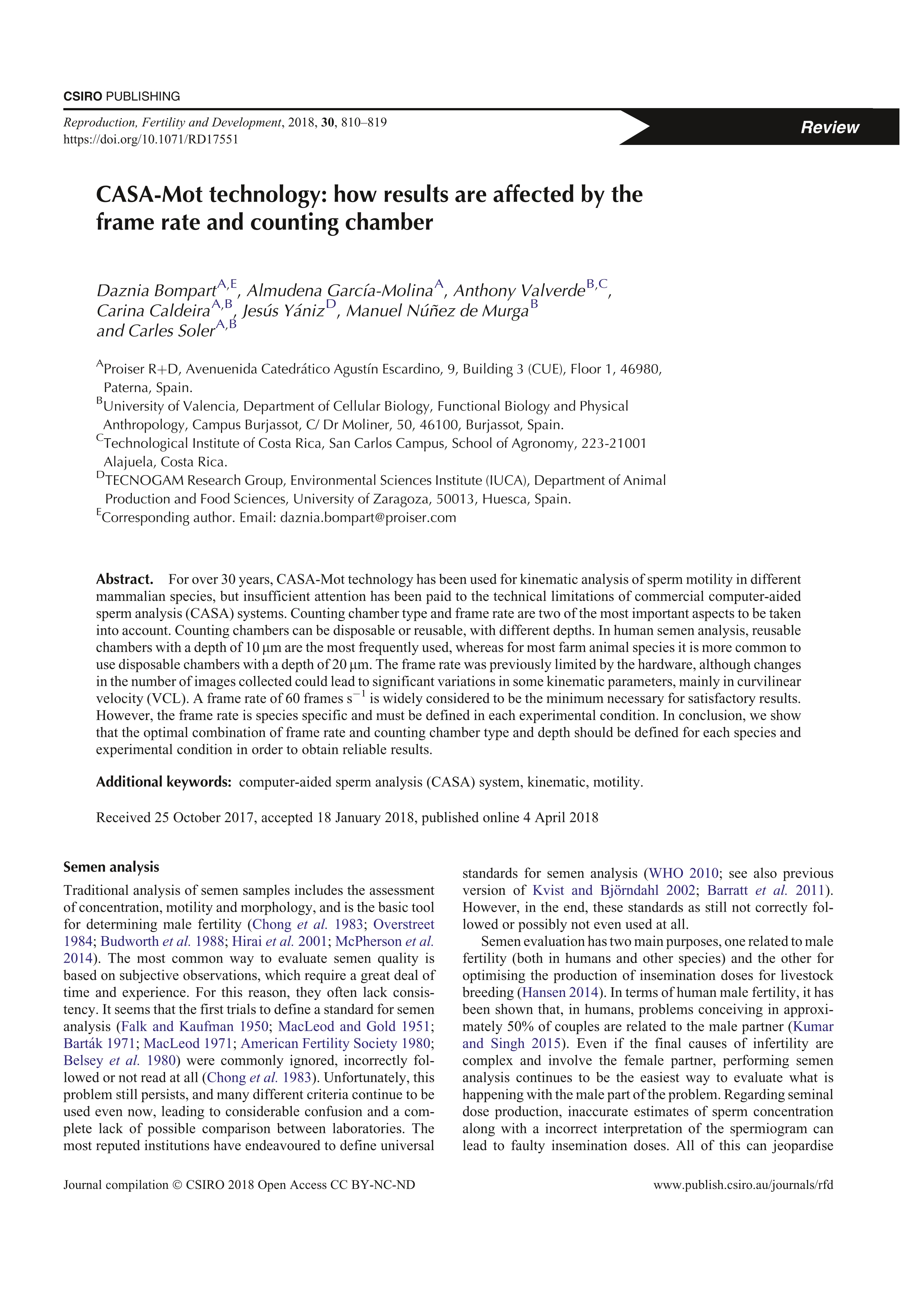 CASA-Mot technology: how results are affected by the frame rate and counting chamber