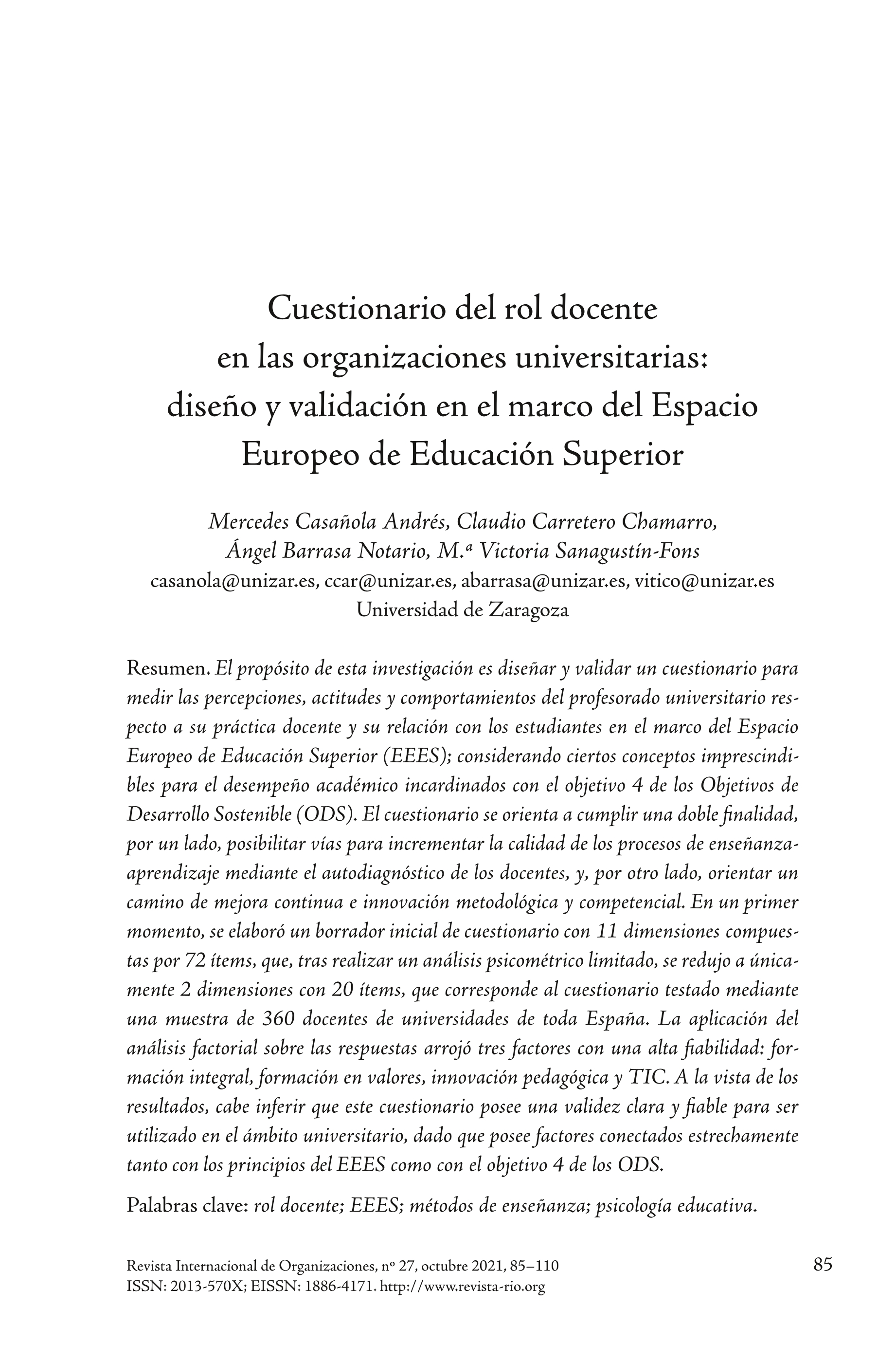 Cuestionario del rol docente en las organizaciones universitarias: diseño y validación en el marco del Espacio Europeo de Educación Superior