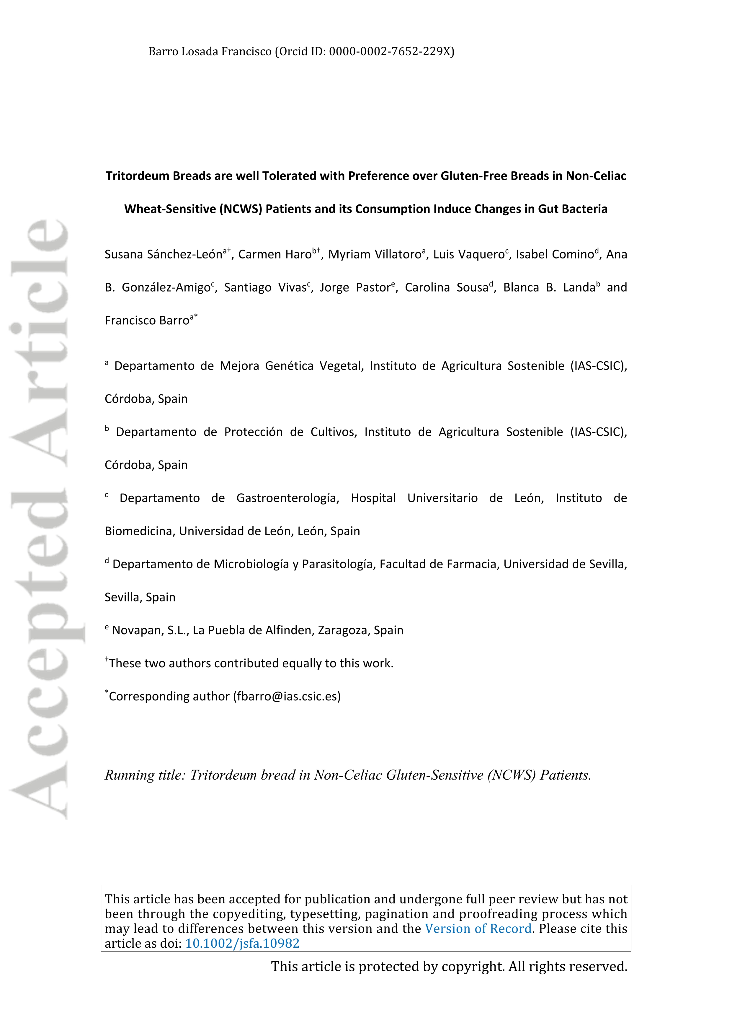 Tritordeum breads are well tolerated with preference over gluten-free breads in non-celiac wheat-sensitive patients and its consumption induce changes in gut bacteria