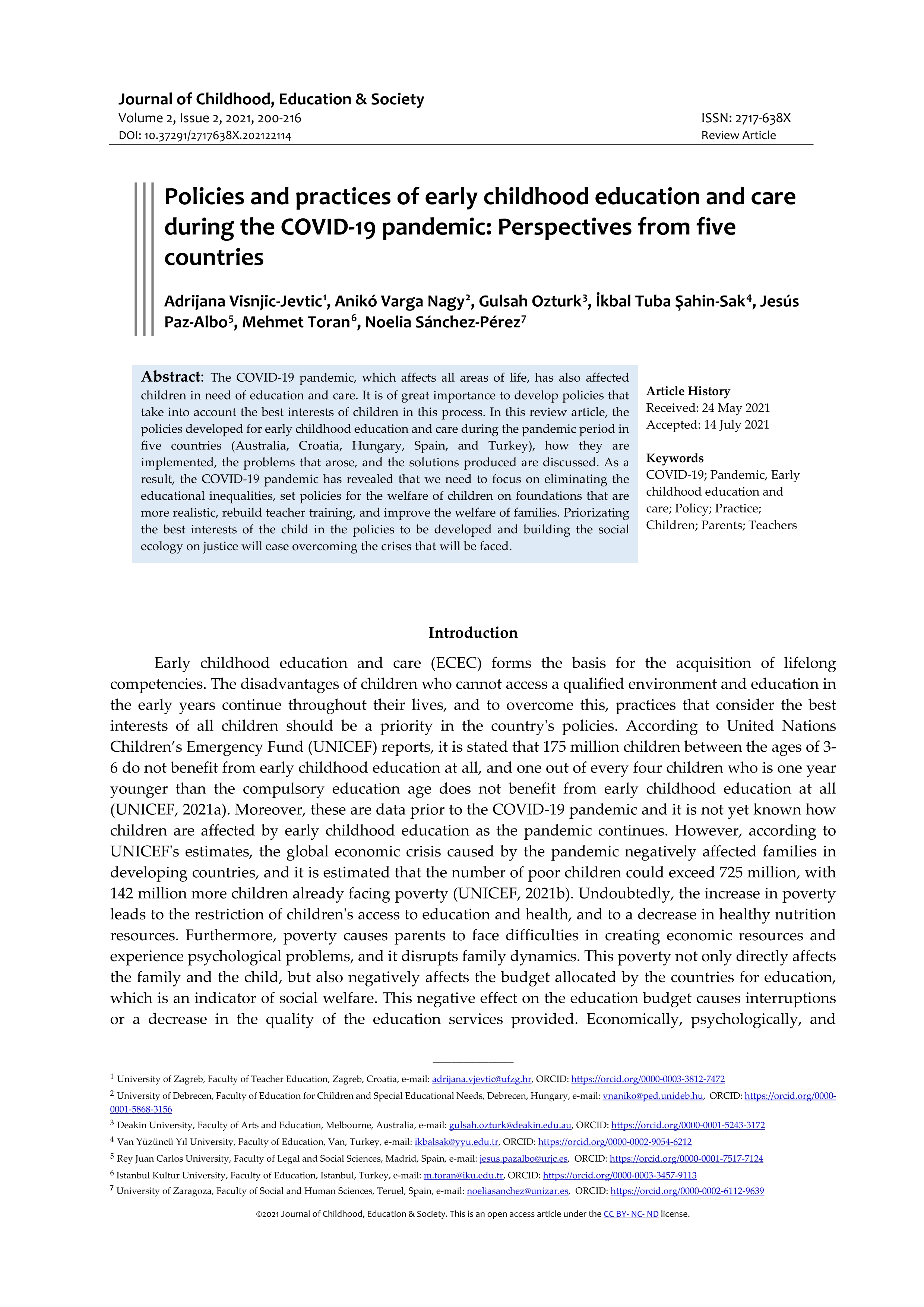 Policies and practices of early childhood education and care during the COVID-19 pandemic: Perspectives from five countries