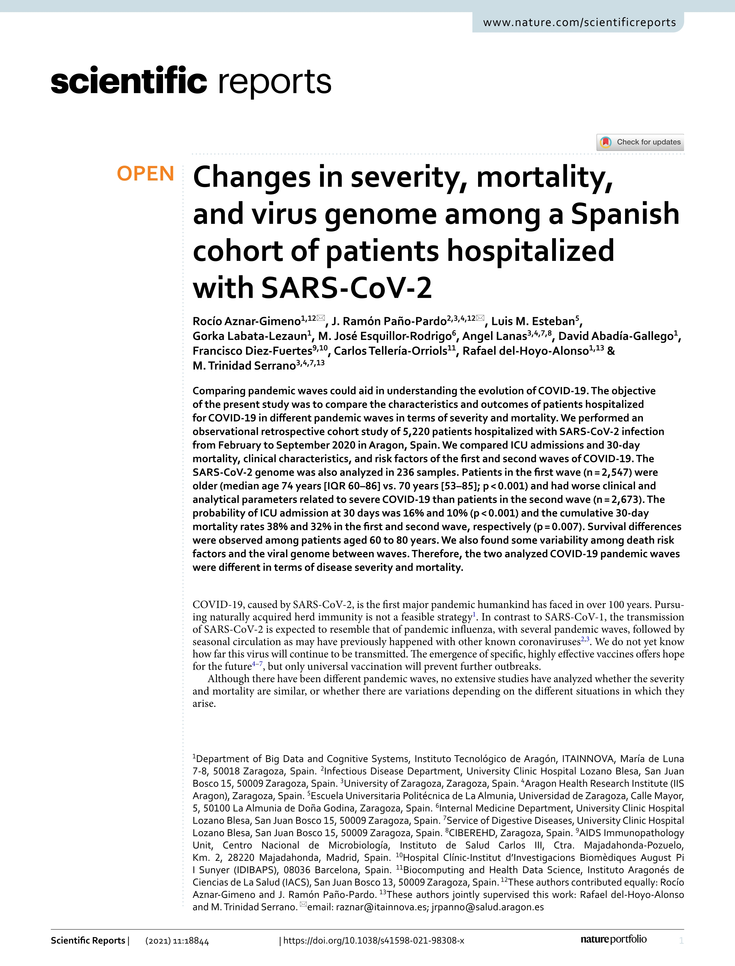 Changes in severity, mortality, and virus genome among a Spanish cohort of patients hospitalized with SARS-CoV-2