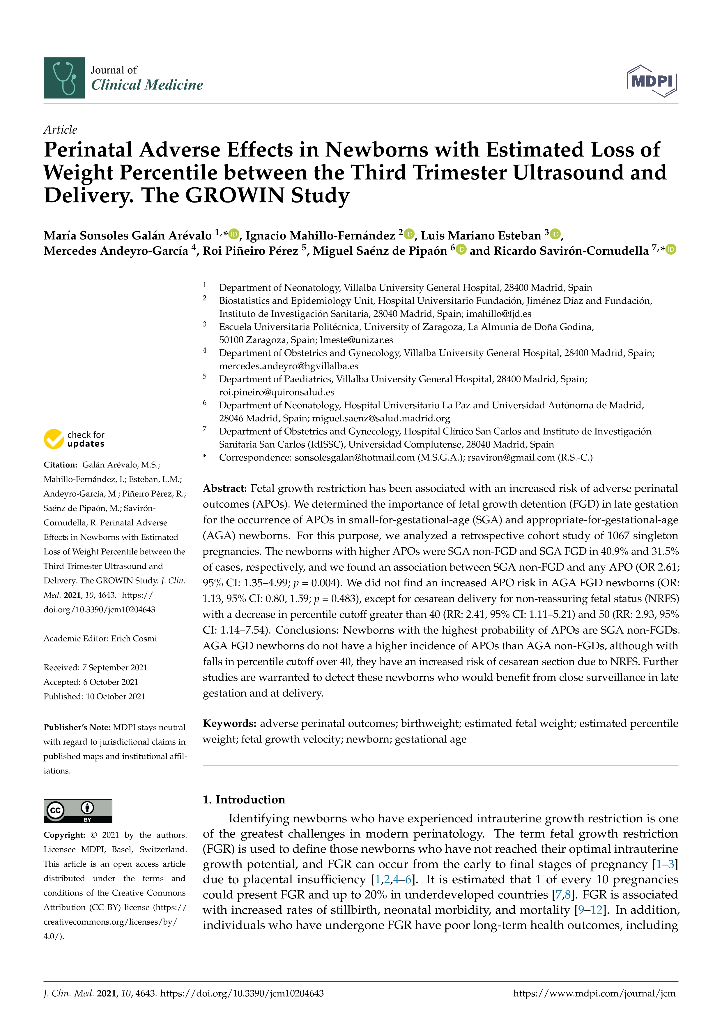 Perinatal adverse effects in newborns with estimated loss of weight percentile between the third trimester ultrasound and delivery. The GROWIN study