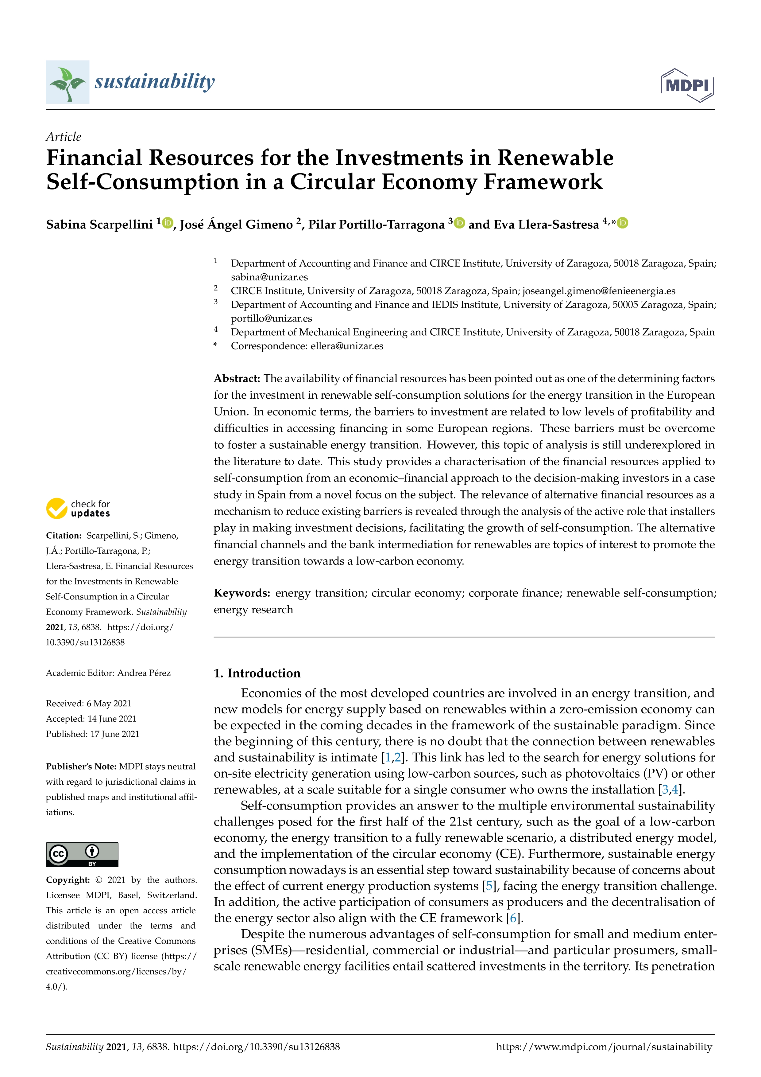 Financial Resources for the Investments in Renewable Self-Consumption in a Circular Economy Framework