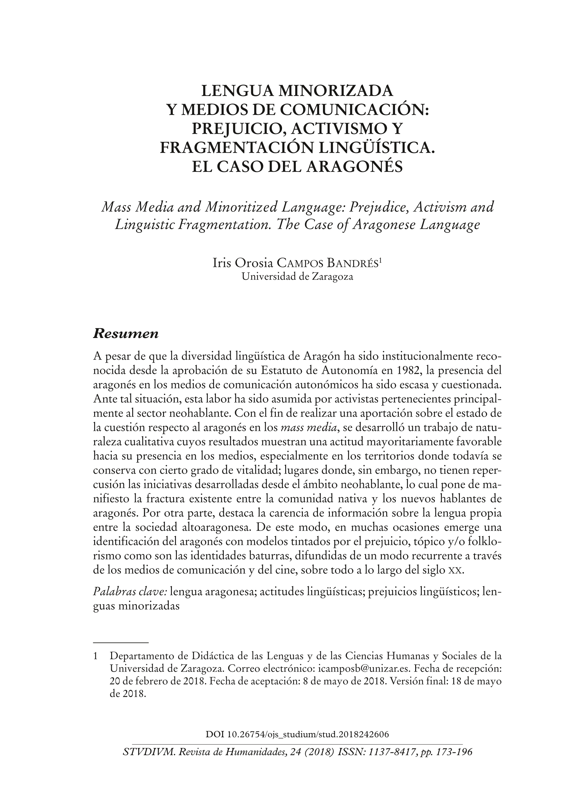 Lengua minorizada y medios de comunicación: prejuicio, activismo y fragmentación lingüística. El caso del aragonés.